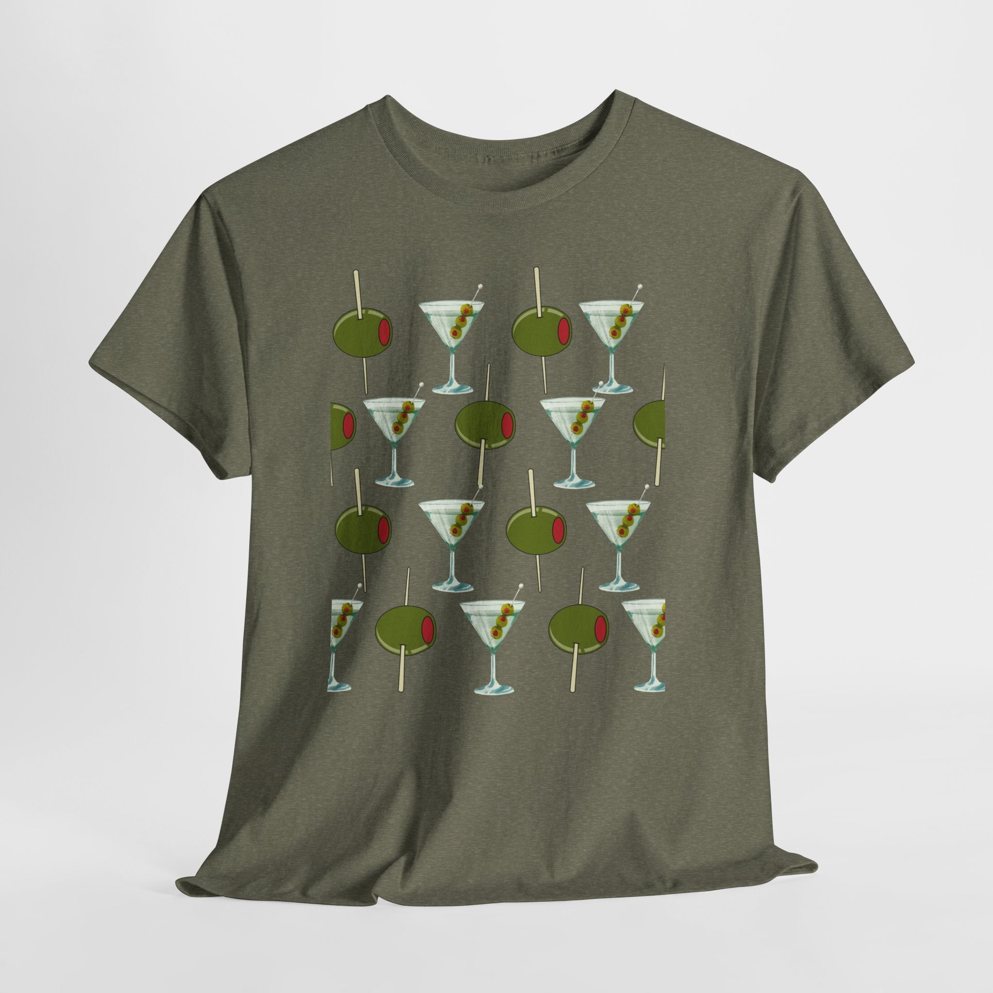 Fun Retro Martini Olive Graphic Pattern Unisex Heavy Cotton Tee — Cocktail Culture Lovers Graphic T-Shirt