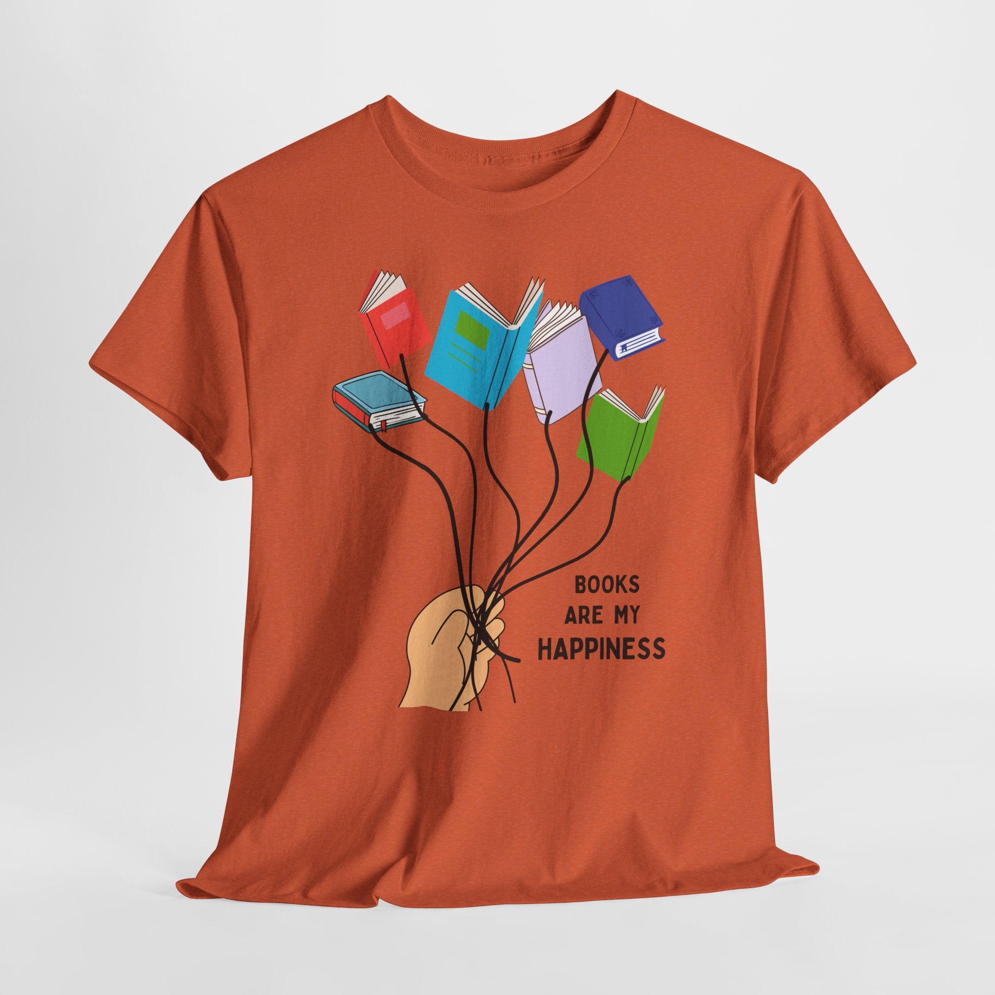 Fun Books Are My Happiness Unisex Heavy Cotton T-Shirt — Book Lover Tee with Colorful Book Balloon Bouquet
