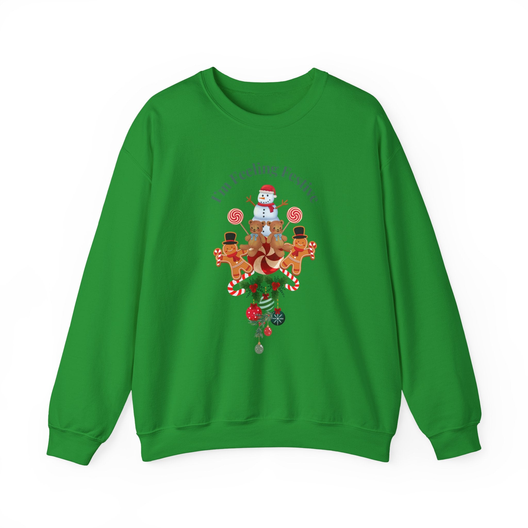 Colorful Fun "I'm Feeling Festive" Holiday Gingerbread & Snowman Graphic Design Crew Neck Unisex Sweatshirt