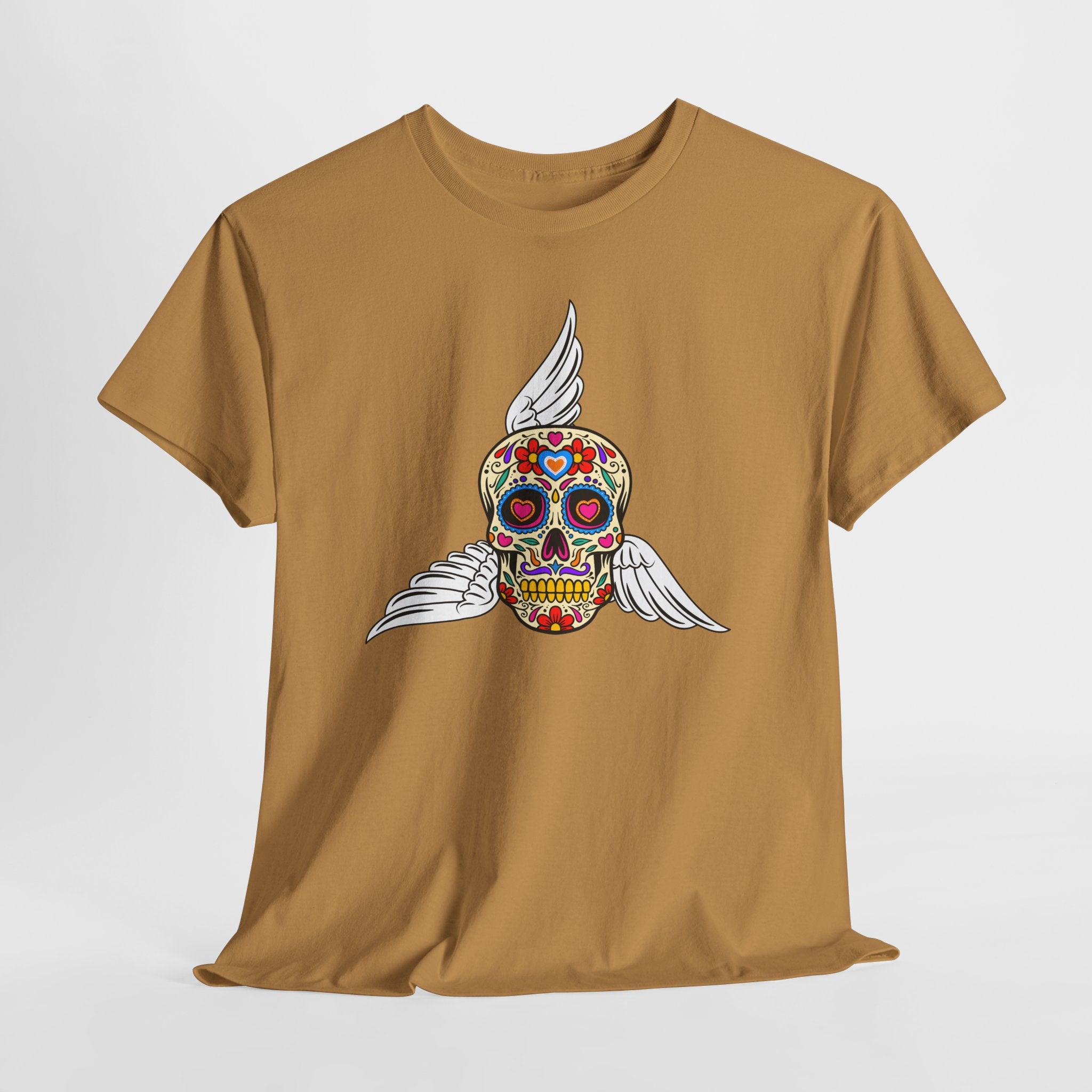 Fun Graphic Sugar Skull Tee with Angel Wings – Day of the Dead Graphic Heavy Cotton Unisex T-Shirt