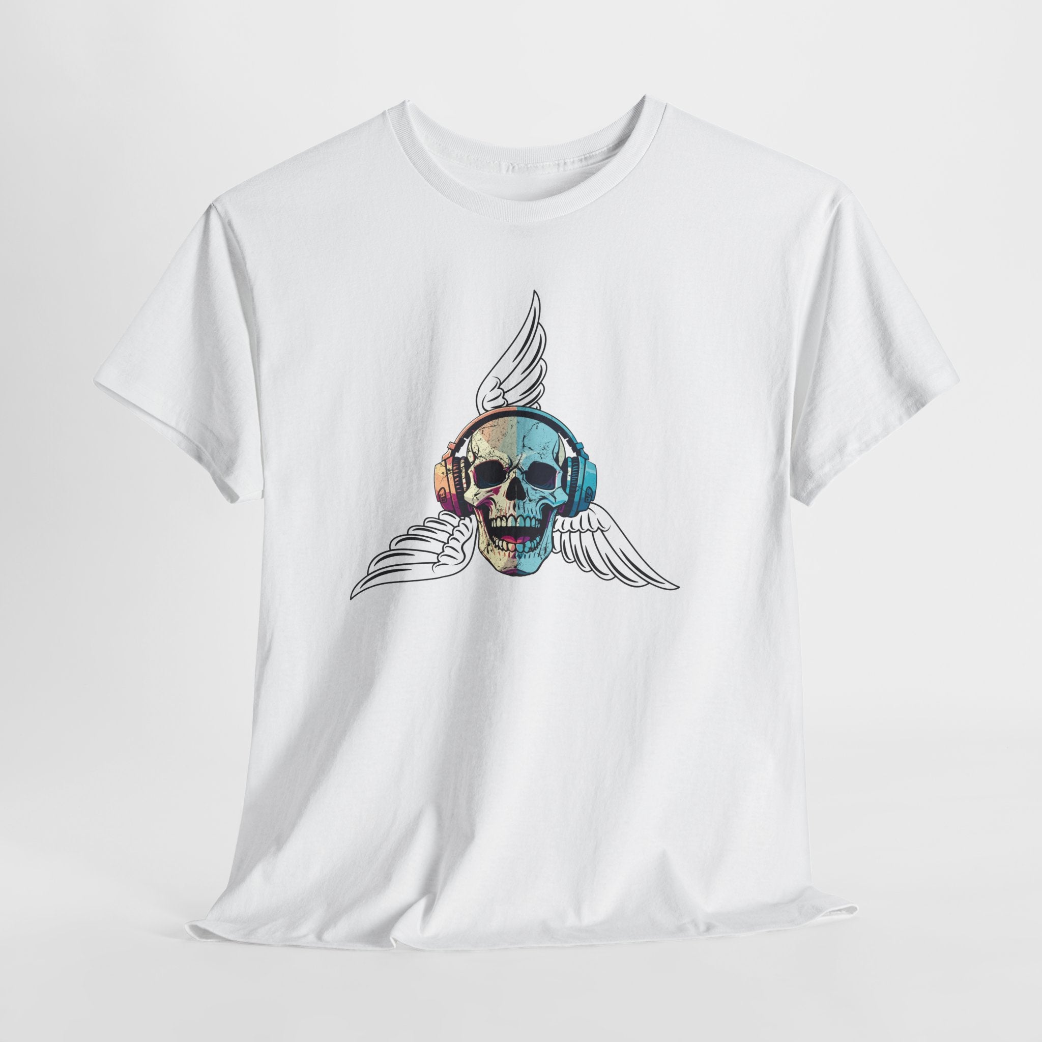 Fun Beats Skull with Wings Graphic  Unisex Heavy Cotton Tee — Vintage Rock Music Skull T-Shirt