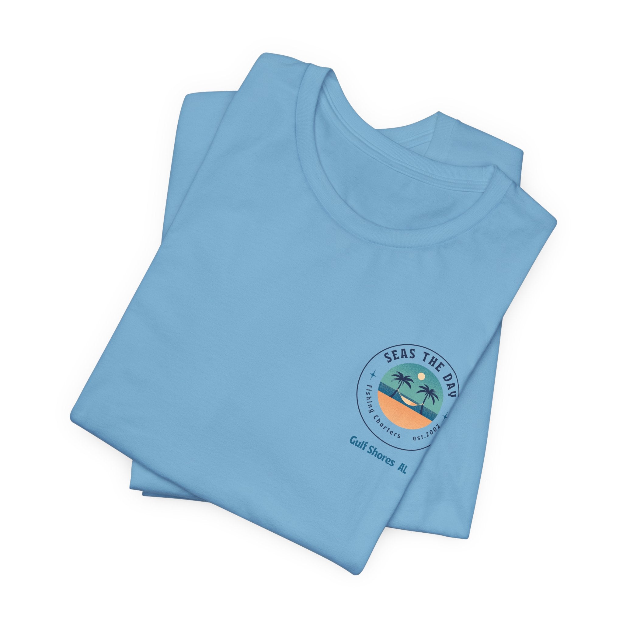 Beachy Vibes with Seas The Day Charter Fishing in Gulf Shores, AL  Unisex Jersey Tee, Casual T-Shirt, Vacation Shirt, Summer Apparel, Gift for Ocean Lovers