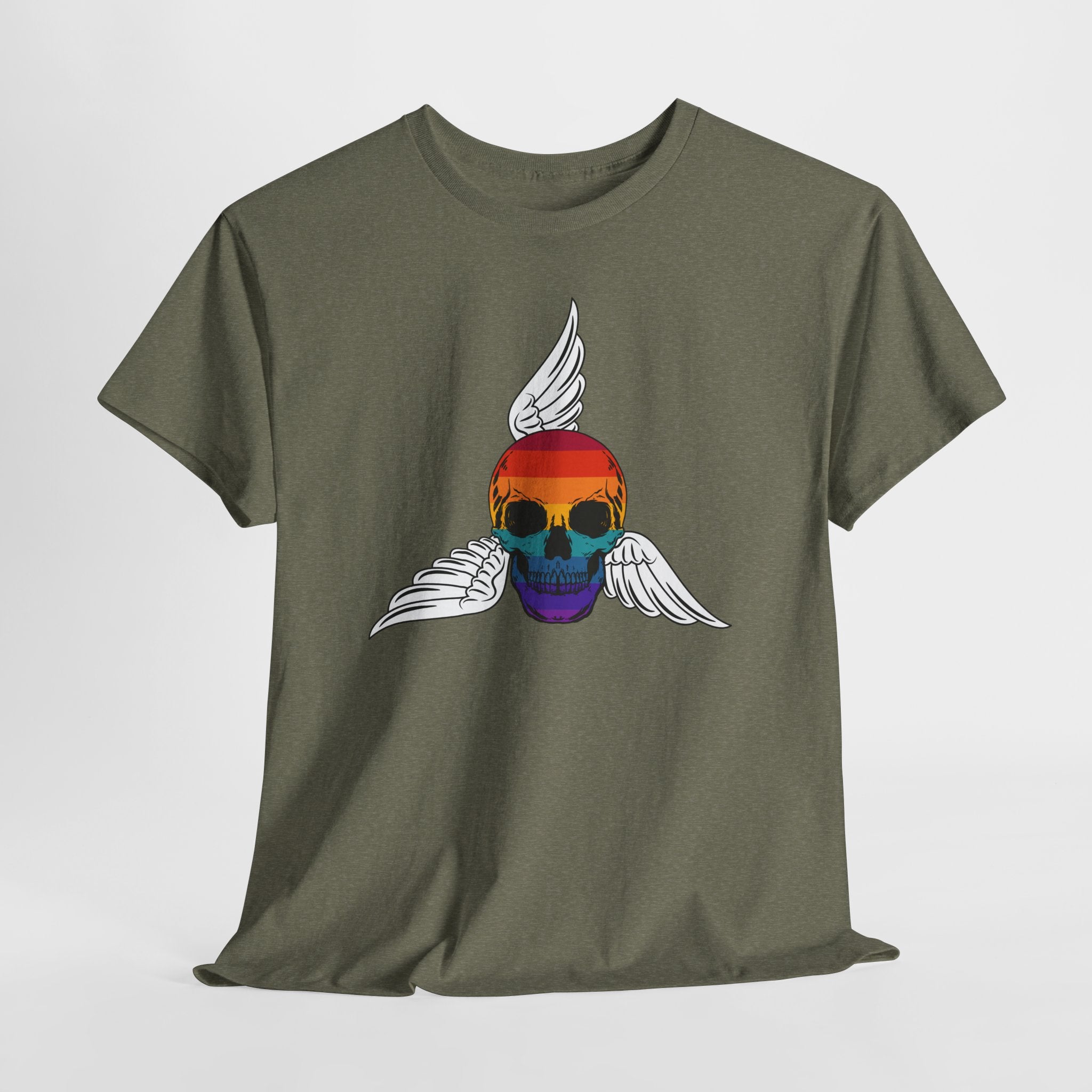 Graphic Rainbow Winged Skull Unisex Heavy Cotton T-Shirt — Edgy Pride Skull Tee for LGBTQIA+ Events & Festivals