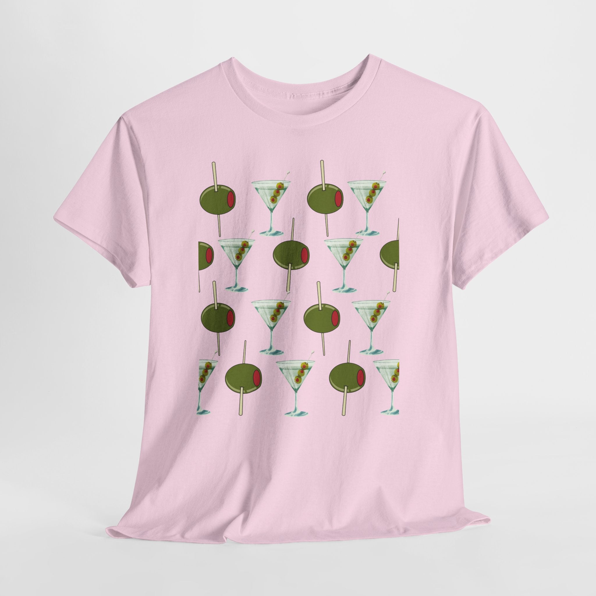 Fun Retro Martini Olive Graphic Pattern Unisex Heavy Cotton Tee — Cocktail Culture Lovers Graphic T-Shirt