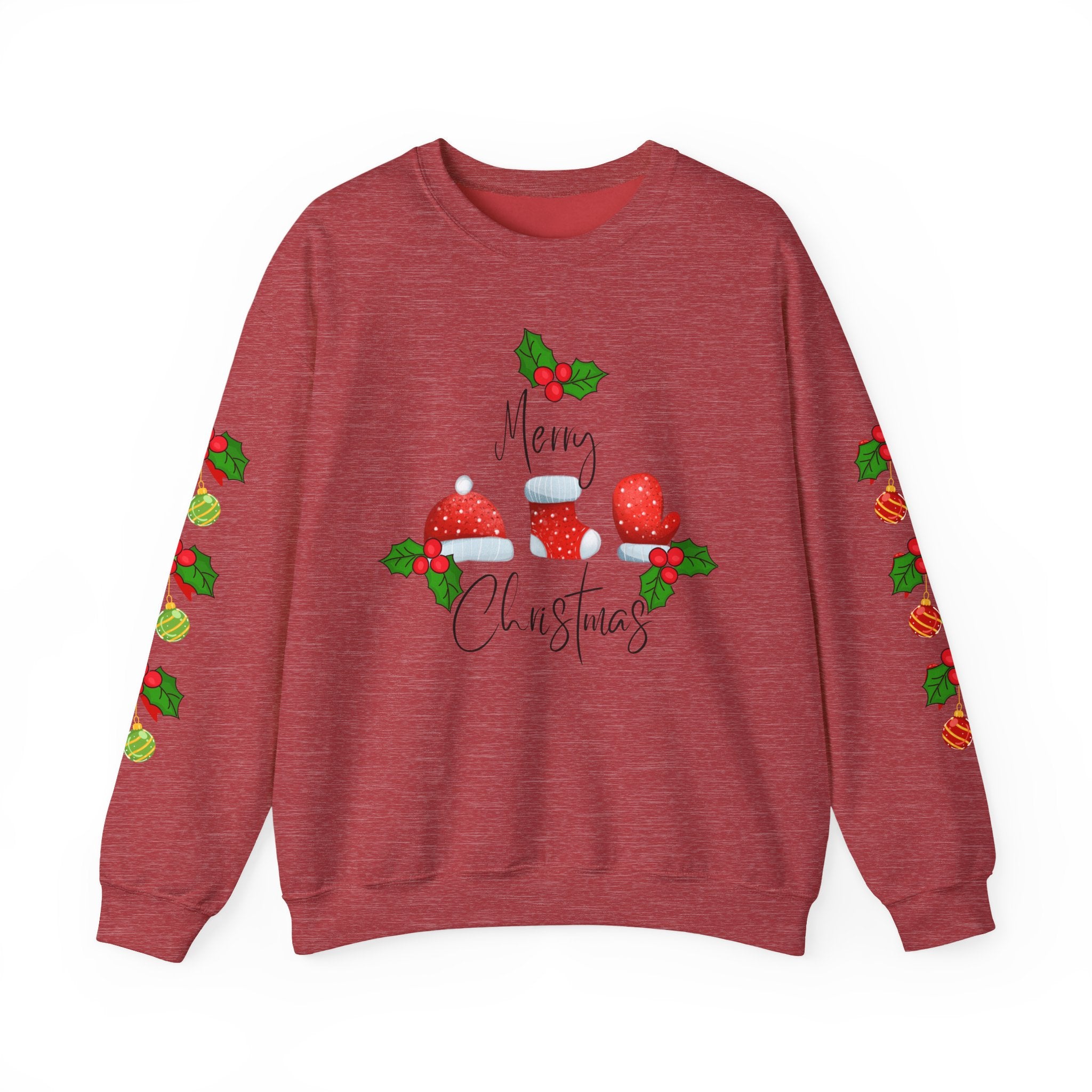 Festive Christmas Ornaments Unisex Sweatshirt Embellished with Side Arm Printing— 'Merry Christmas' Festive Holiday Crewneck