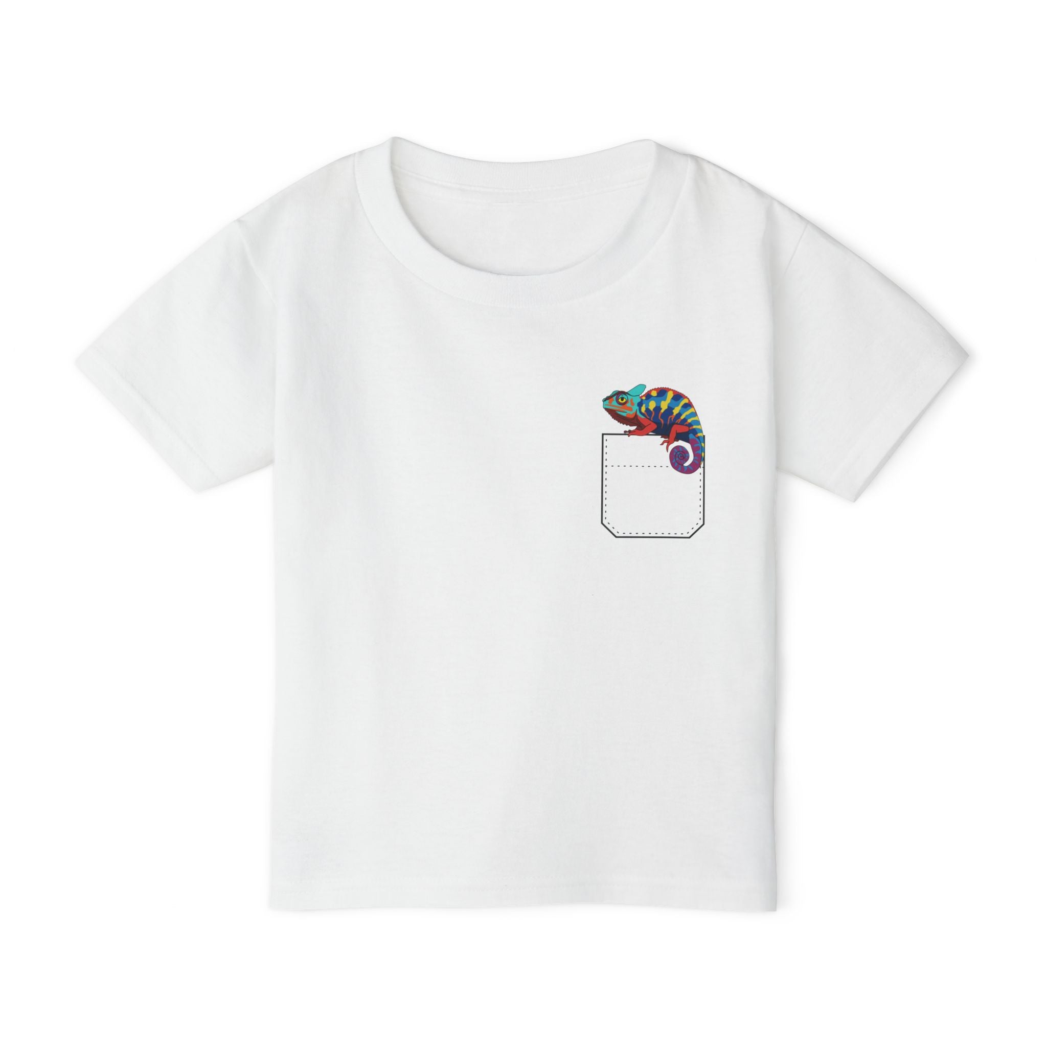 Colorful and Fun Pocket Pet (Chameleon)  Unisex Heavy Cotton  Toddler T-Shirt.  There is NO Pocket in this Shirt.  The Pocket is part of the Artwork