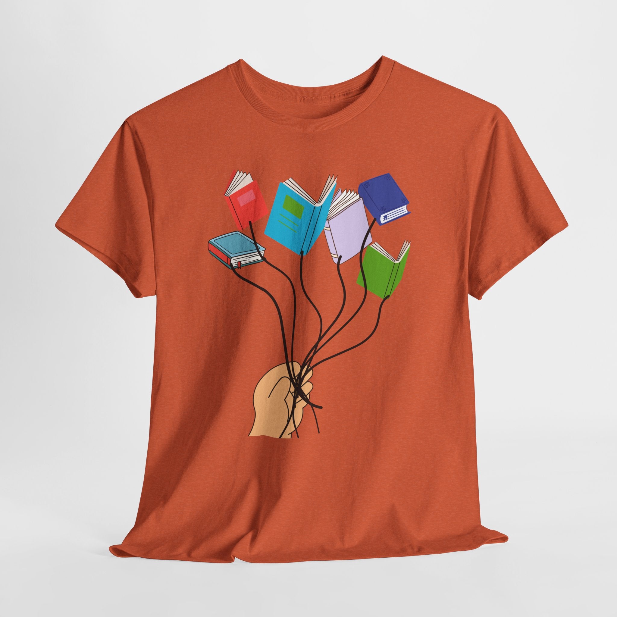 Graphic Book Lovers Balloon Book Bouquet Unisex Heavy Cotton T-Shirt — Colorful Floating Books Graphic Tee for Readers & Teachers