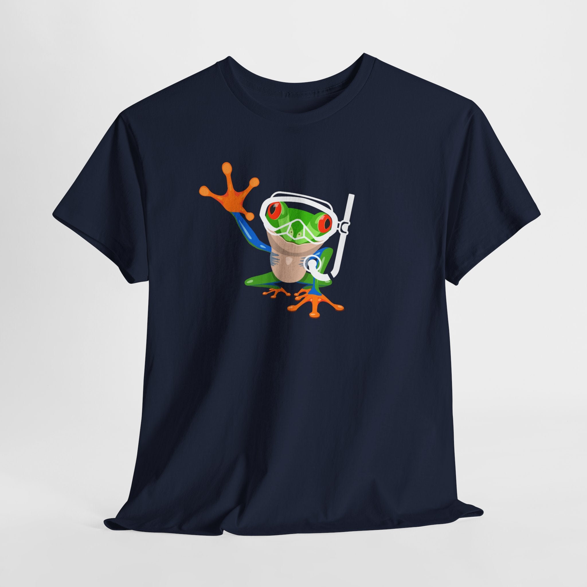 Fun Quirky Snorkel Tree Frog  (Dark Colors) Unisex Heavy Cotton Tee, Funny Frog Shirt, Cute Graphic Tee, Perfect Gift for Nature Lovers, Summer Fun Fashion