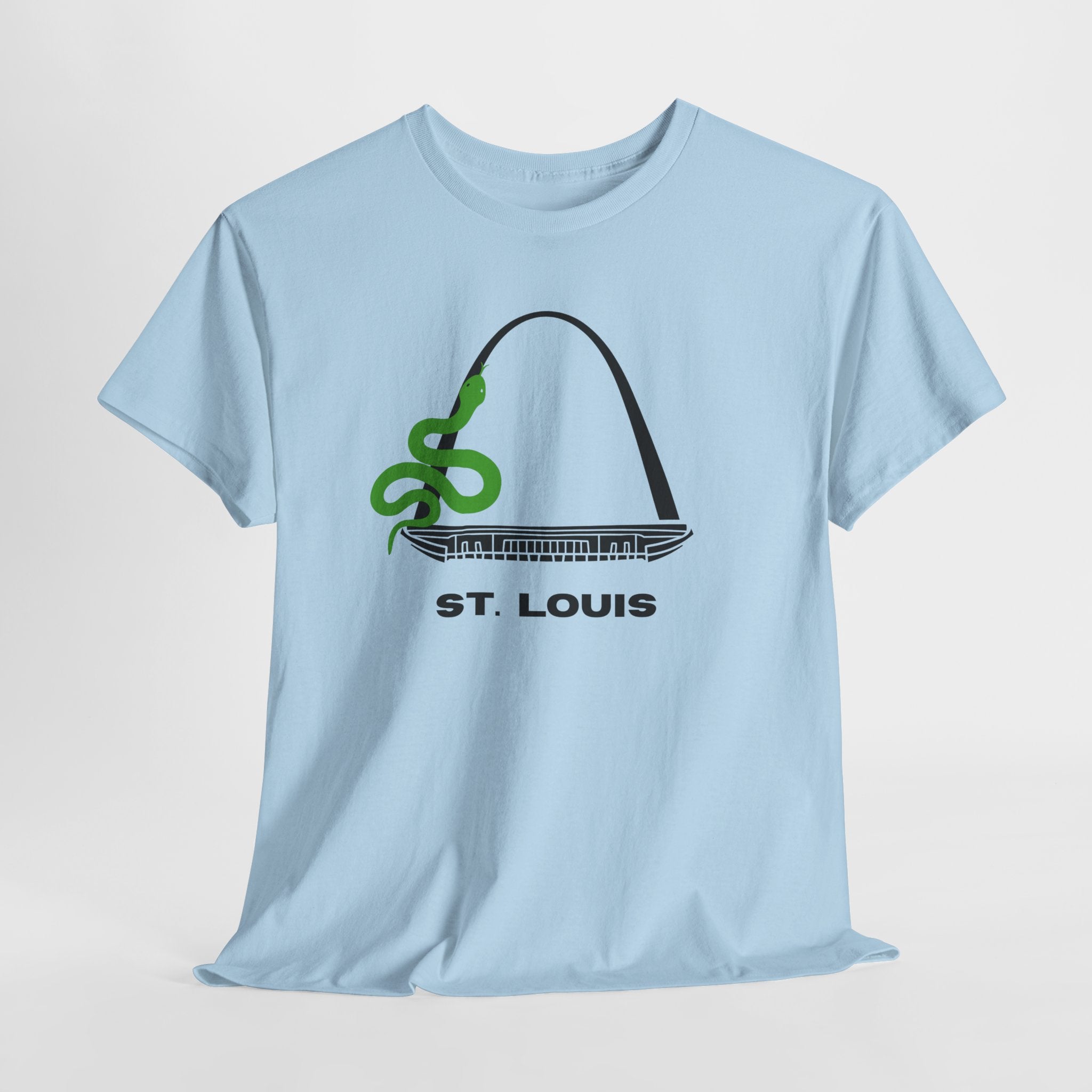Fun and Quirky St. Louis Gateway Arch Graphic Unisex Heavy Cotton T‑Shirt — Green Snake Design