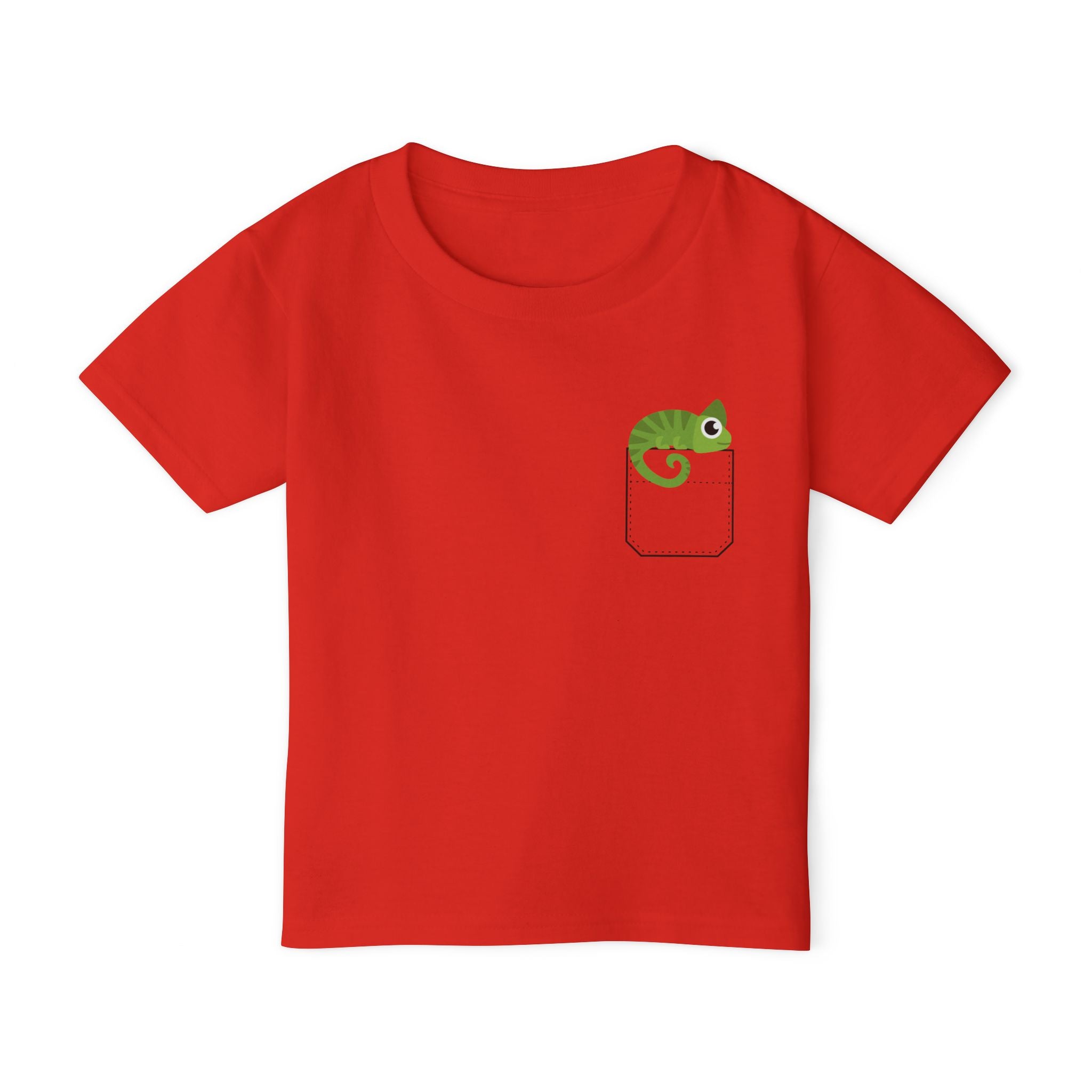 Cute and Fun Pocket Pet (Chameleon) Unisex Heavy Cotton  Toddler T-Shirt. There is NO Pocket in this Shirt.  The Pocket is part of the Artwork