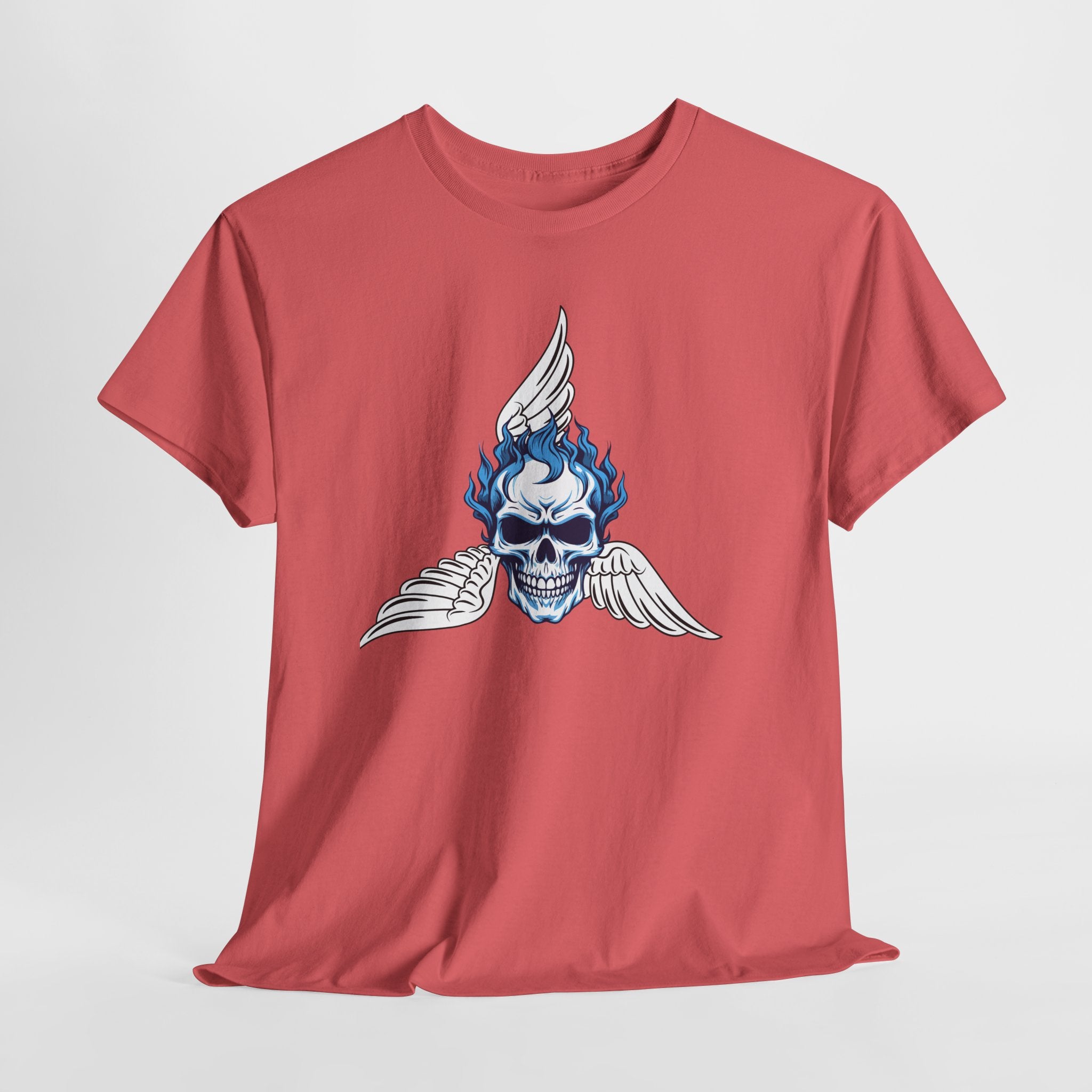 Fun Graphic Skull Flame Tee — Blue Flaming Skull with Wings Graphic  Unisex Heavy Cotton T-Shirt