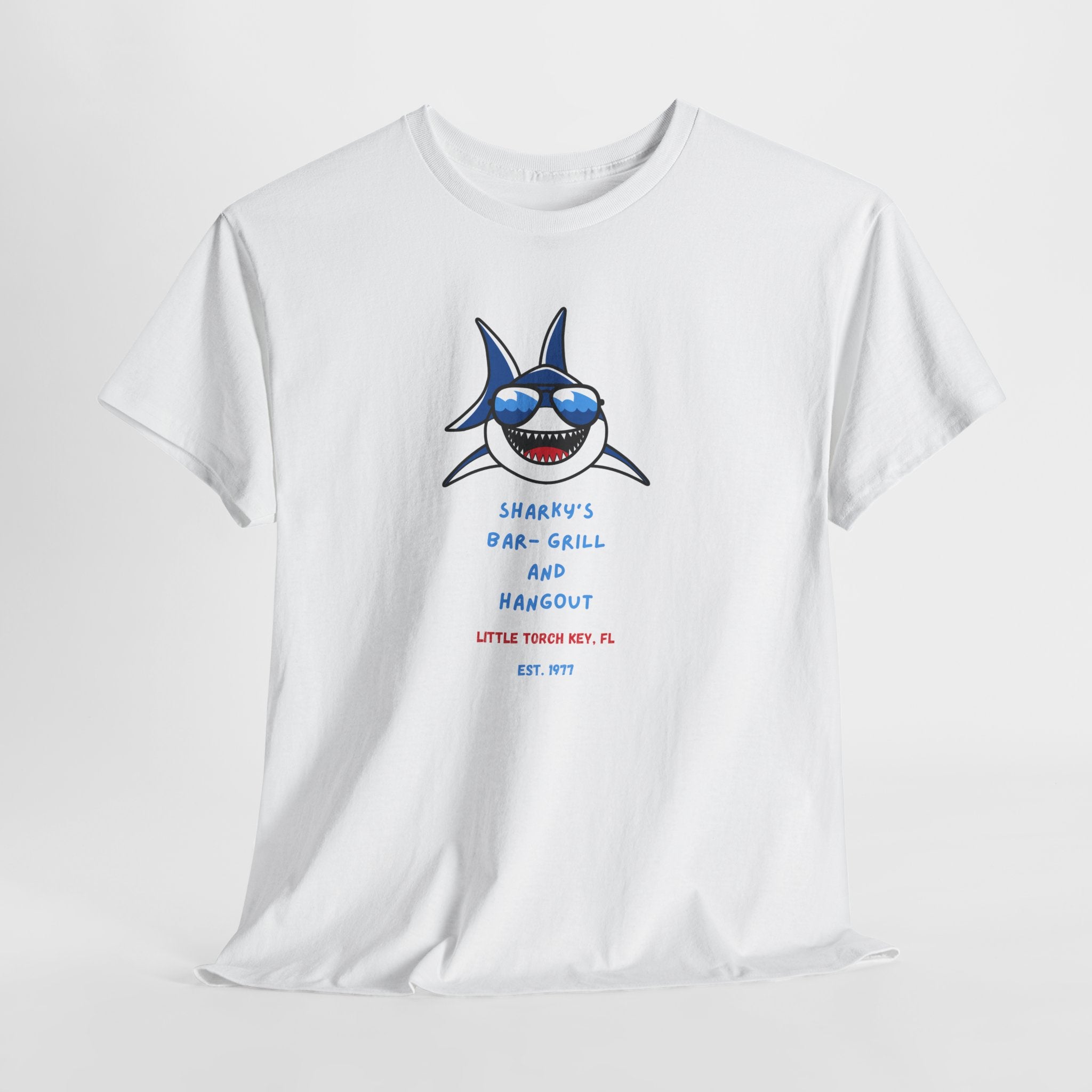 Unisex Cotton Tee - Sharky’s Hangout, in The FL. Keys Fun Graphic Tee, Summer Casual Wear, Beach Party Shirt, Gift for Ocean Lovers