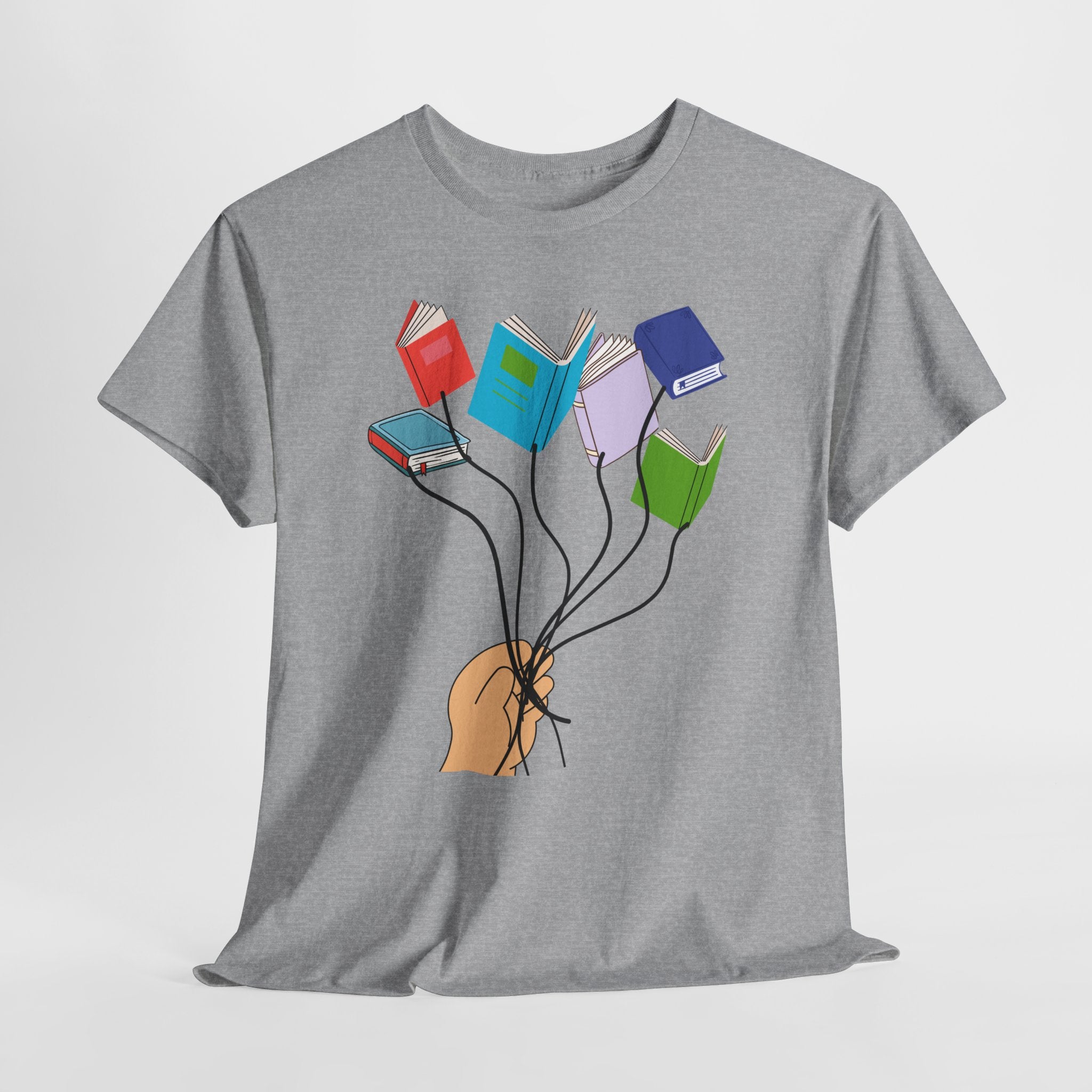 Graphic Book Lovers Balloon Book Bouquet Unisex Heavy Cotton T-Shirt — Colorful Floating Books Graphic Tee for Readers & Teachers