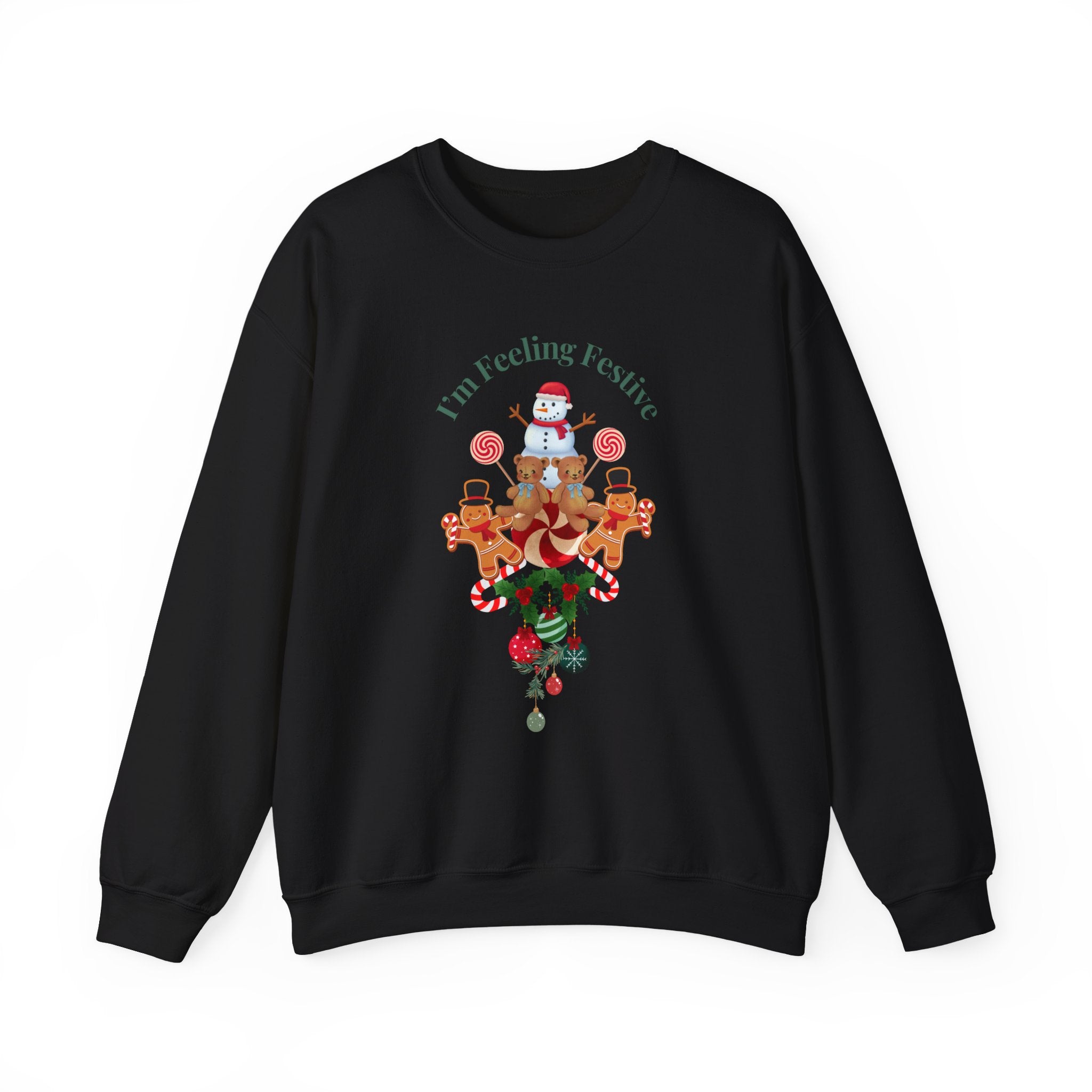 Colorful Fun "I'm Feeling Festive" Holiday Gingerbread & Snowman Graphic Design Crew Neck Unisex Sweatshirt