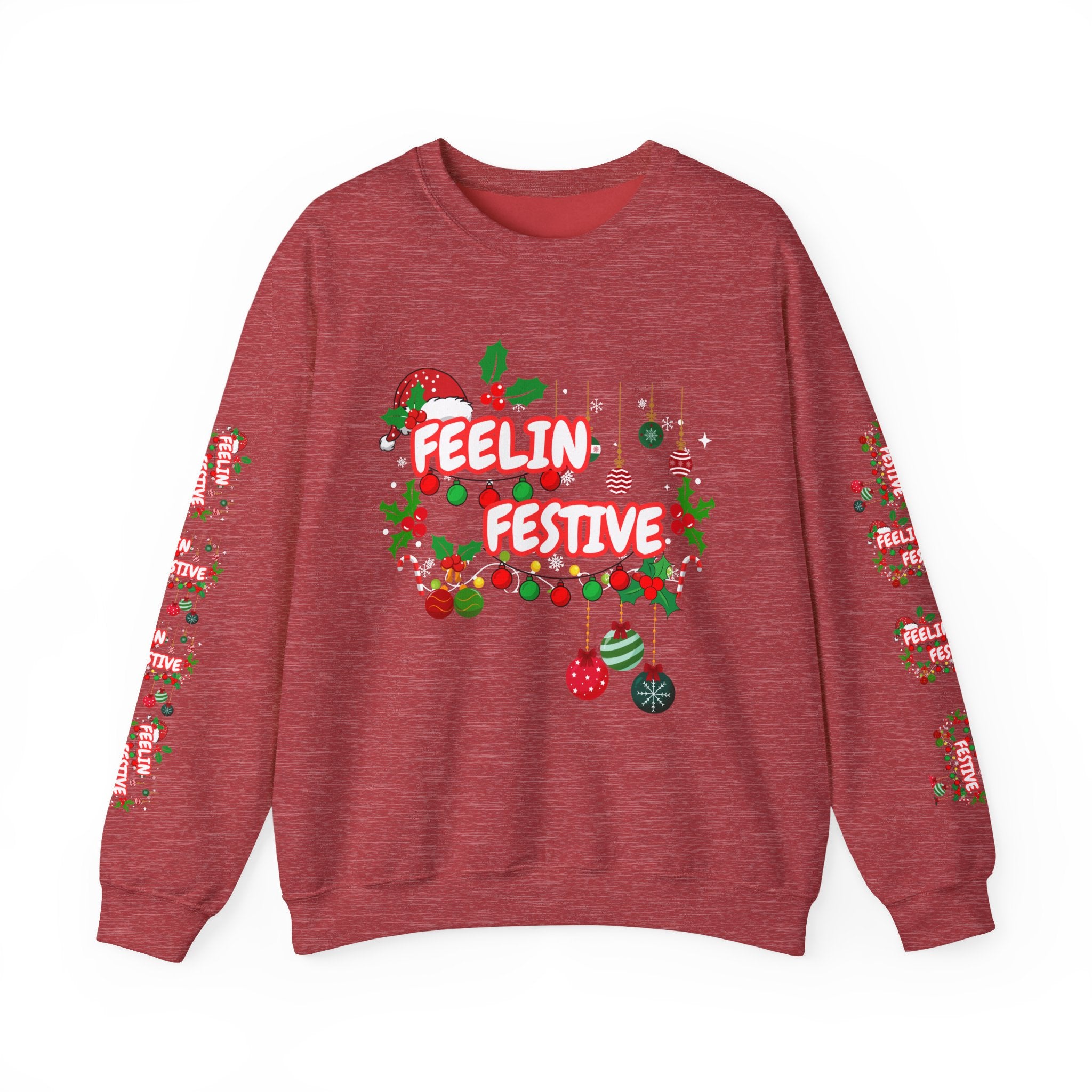 Fun and Traditional Colored Feelin' Festive Crewneck Unisex Sweatshirt with Sleeve Embelishments— Christmas Holiday Graphic On Front and Sleeves
