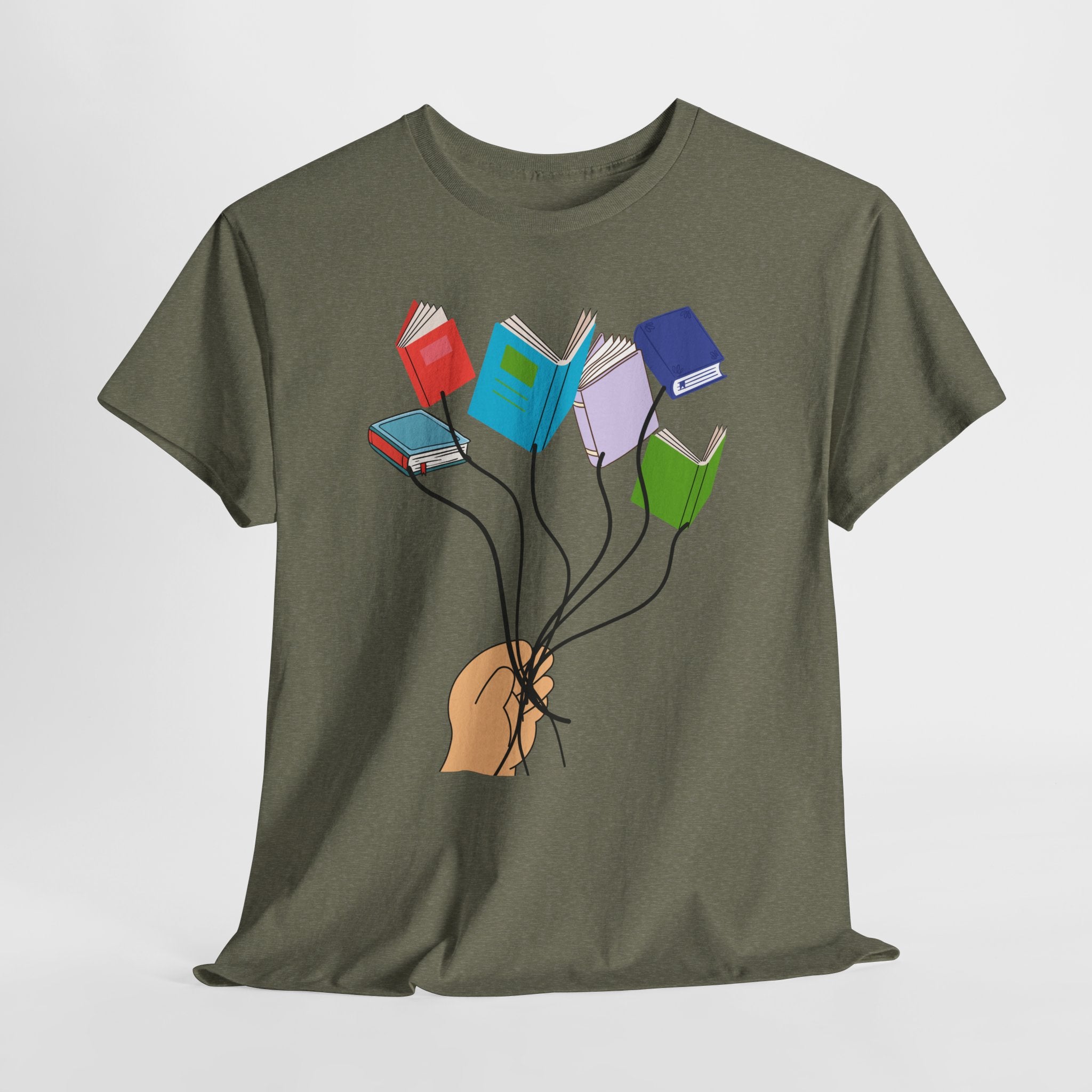 Graphic Book Lovers Balloon Book Bouquet Unisex Heavy Cotton T-Shirt — Colorful Floating Books Graphic Tee for Readers & Teachers
