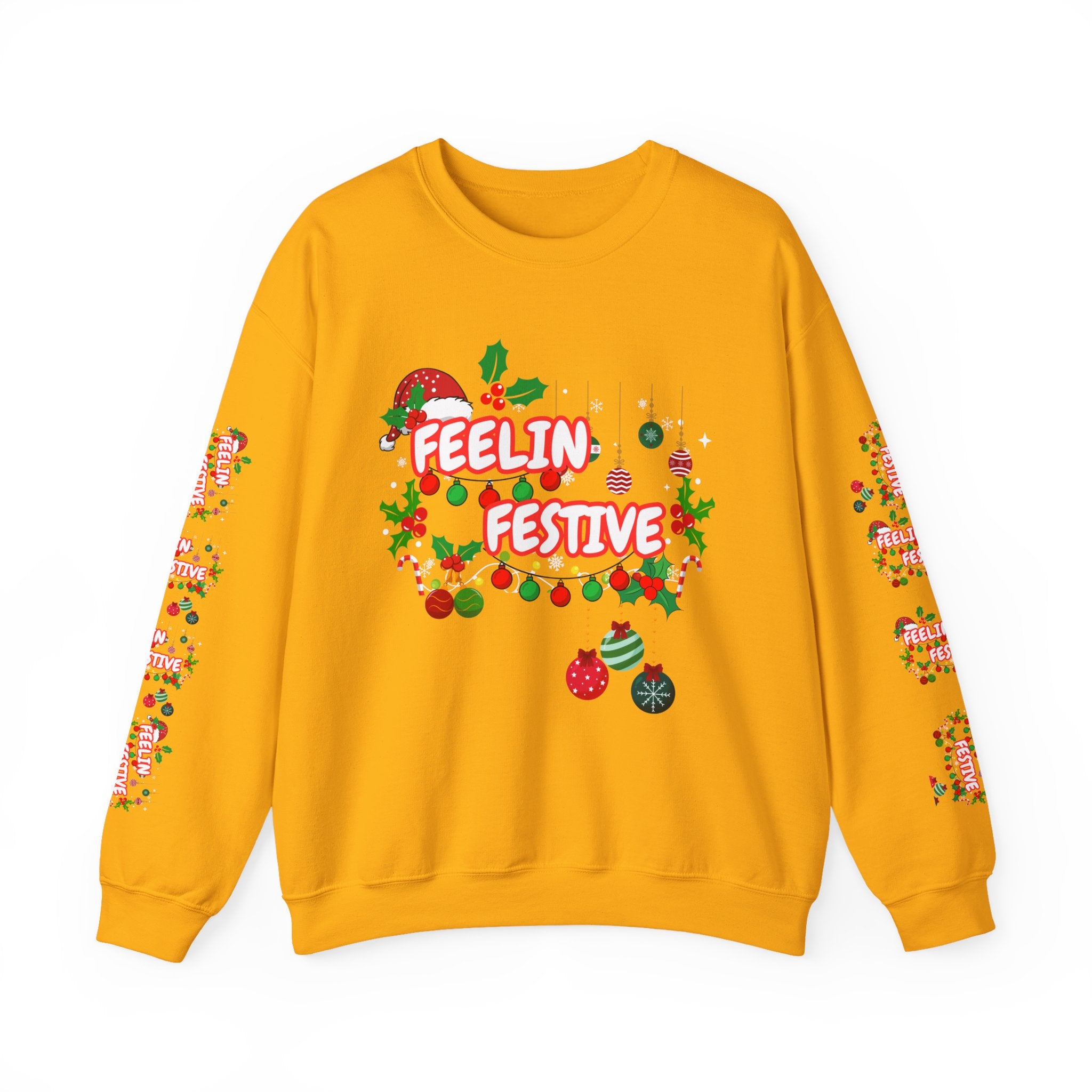 Fun and Traditional Colored Feelin' Festive Crewneck Unisex Sweatshirt with Sleeve Embelishments— Christmas Holiday Graphic On Front and Sleeves