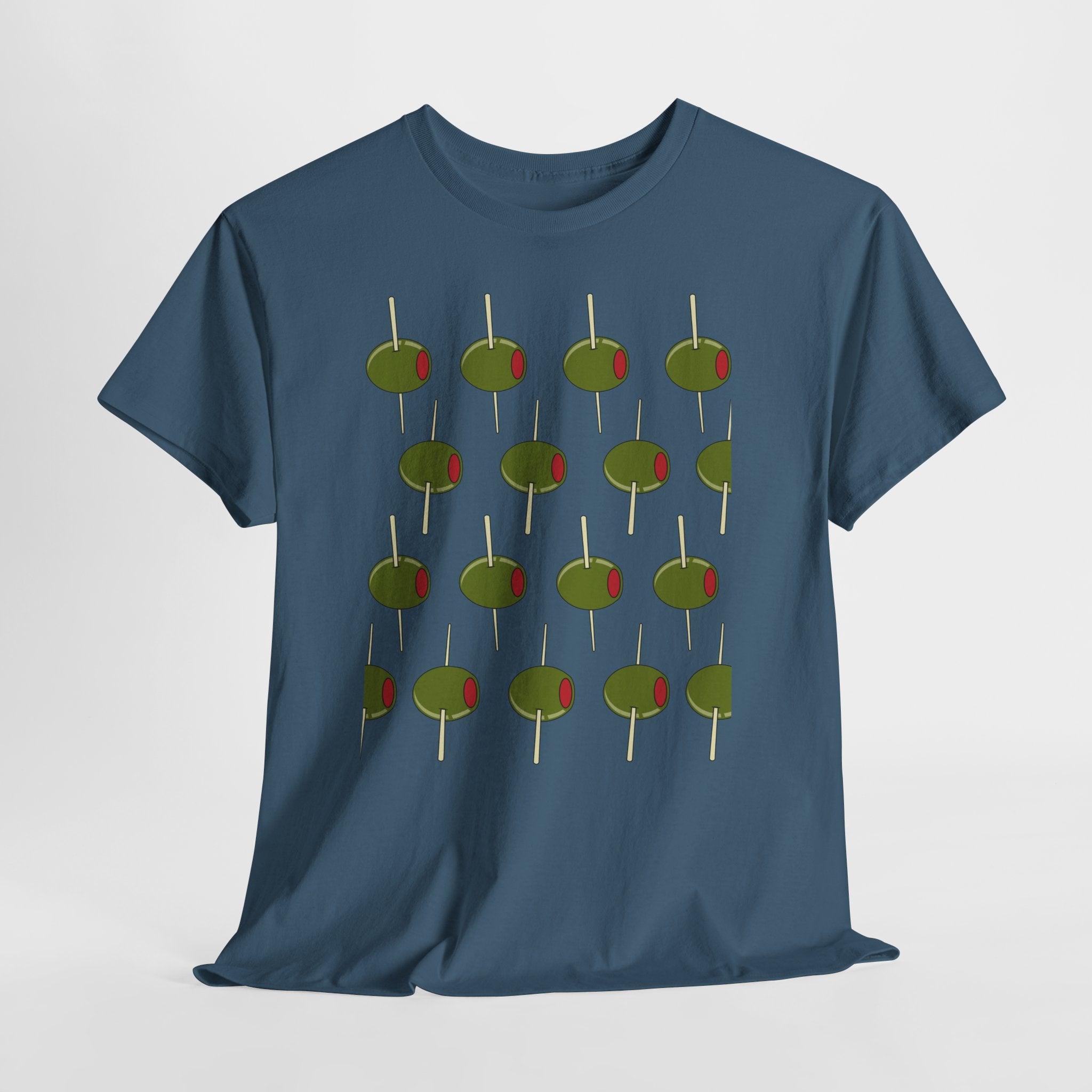 Graphic Contemporary Cocktail Olives on The March.  Unisex Heavy Cotton  Tee — Retro Martini Cocktail Graphic T-Shirt