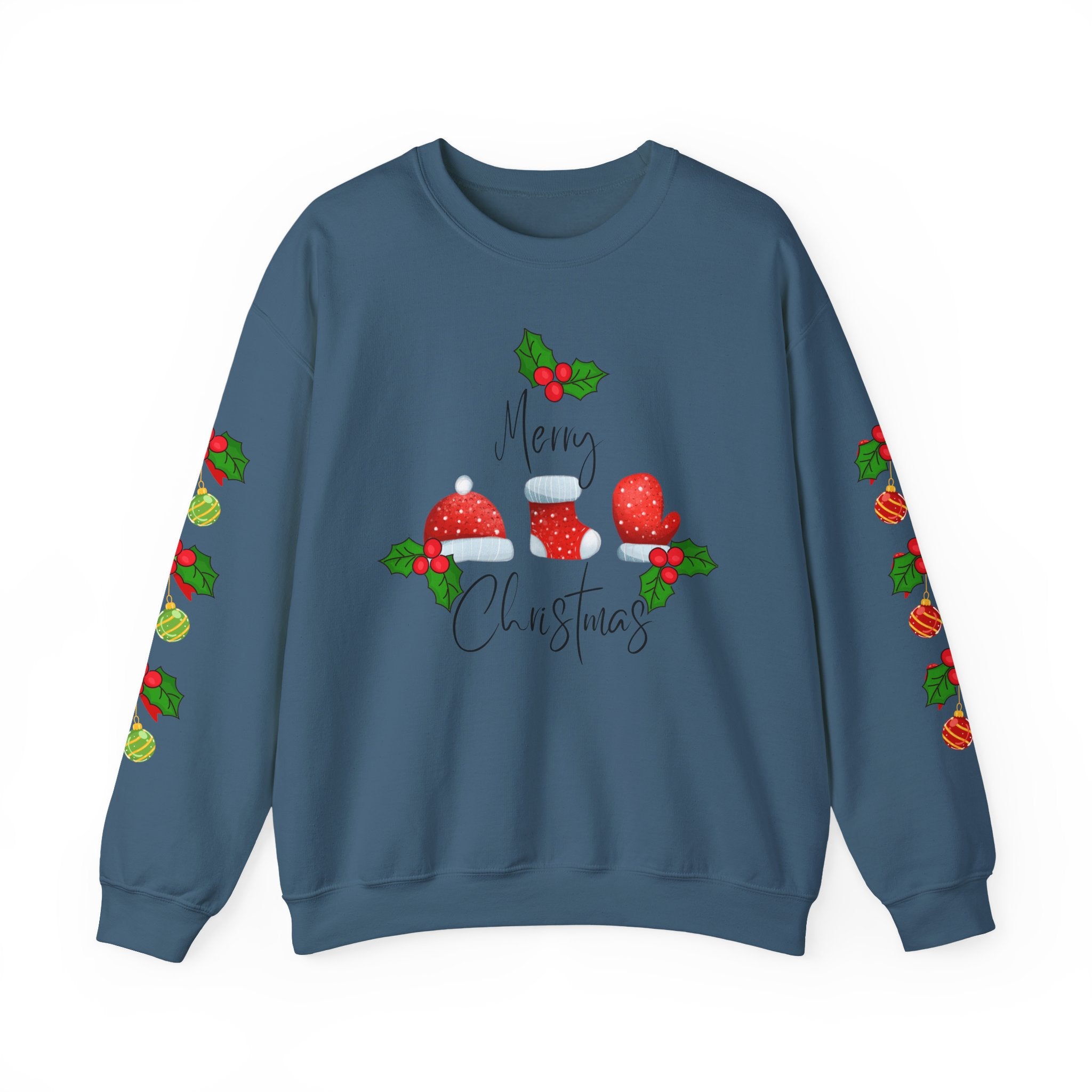 Festive Christmas Ornaments Unisex Sweatshirt Embellished with Side Arm Printing— 'Merry Christmas' Festive Holiday Crewneck