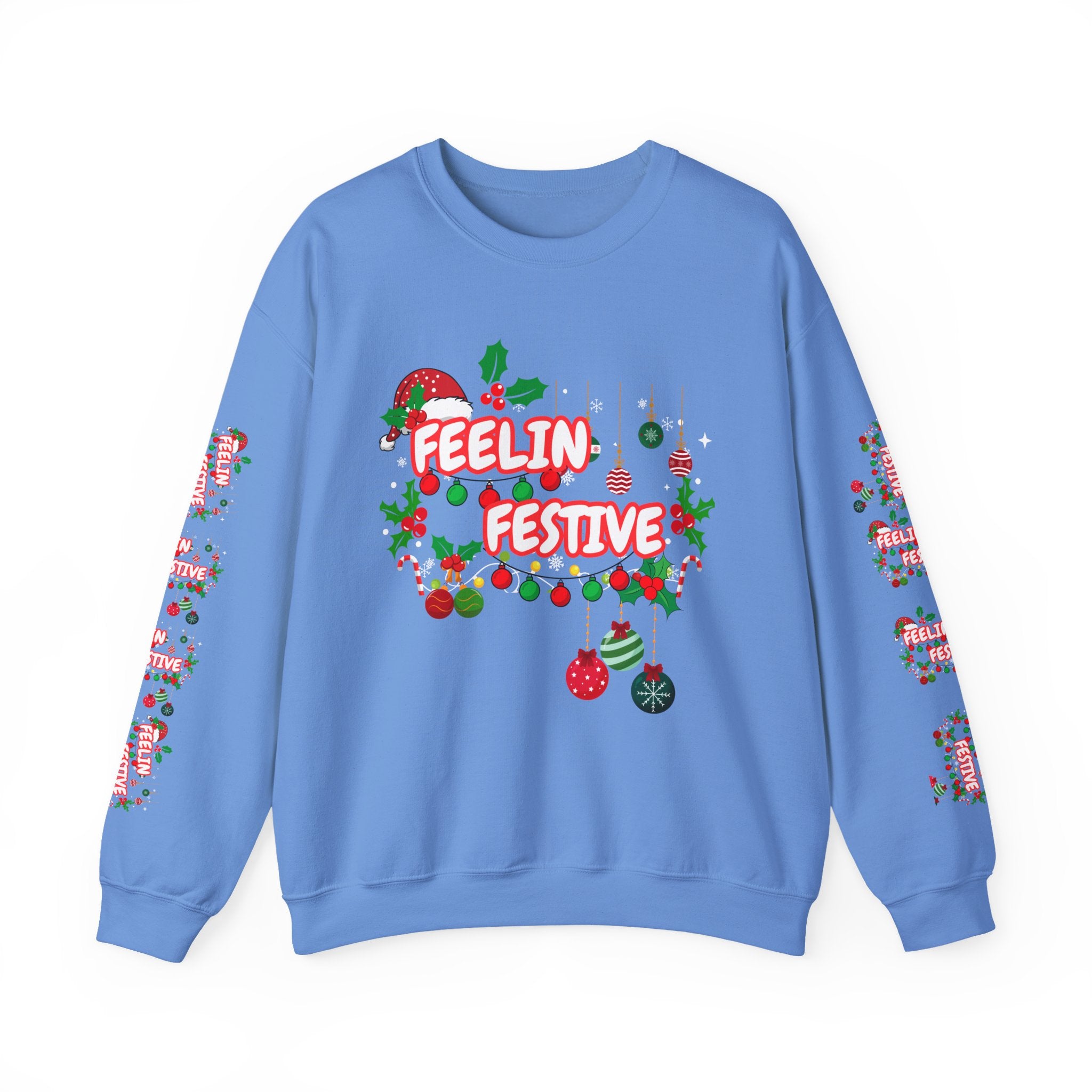 Fun and Traditional Colored Feelin' Festive Crewneck Unisex Sweatshirt with Sleeve Embelishments— Christmas Holiday Graphic On Front and Sleeves