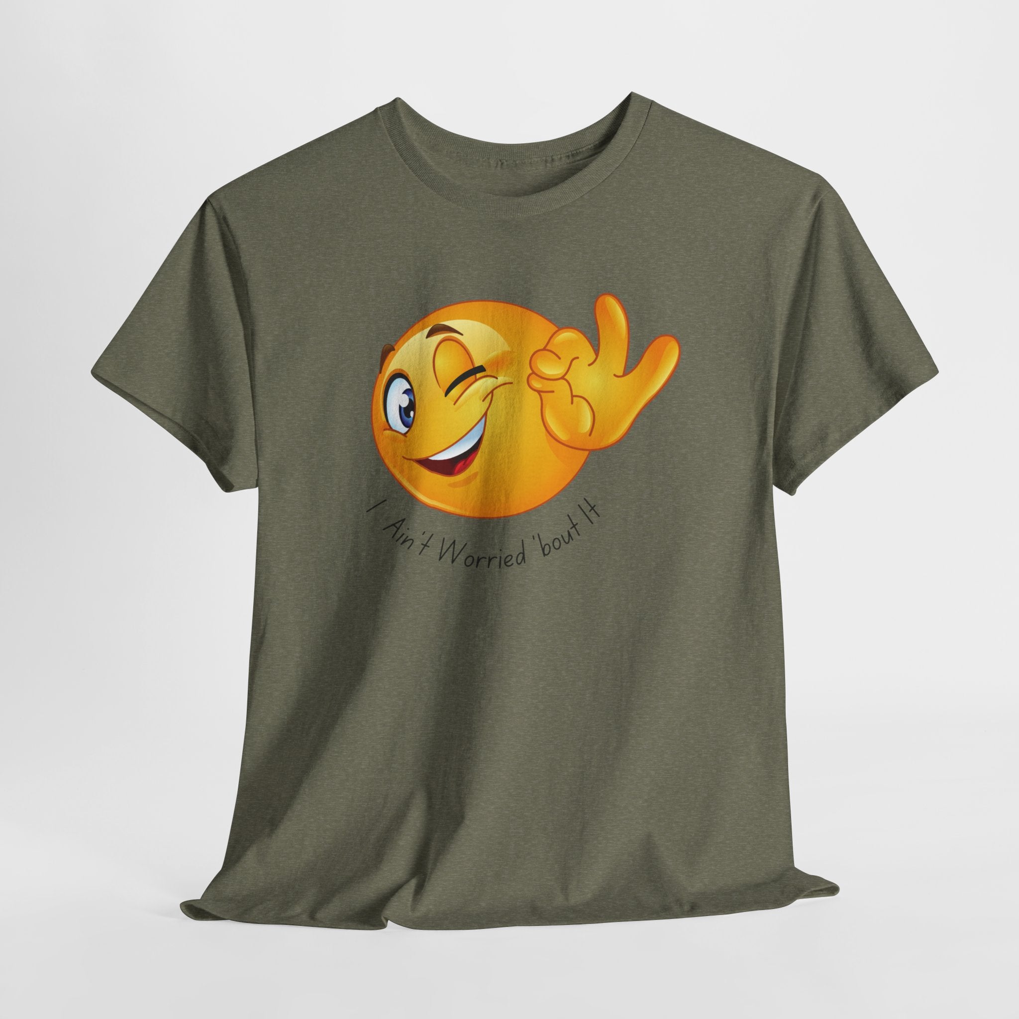 Smiley Winking Emoji Unisex Heavy Cotton Tee Shirt  — "I Ain’t Worried Bout It" Graphic T-Shirt