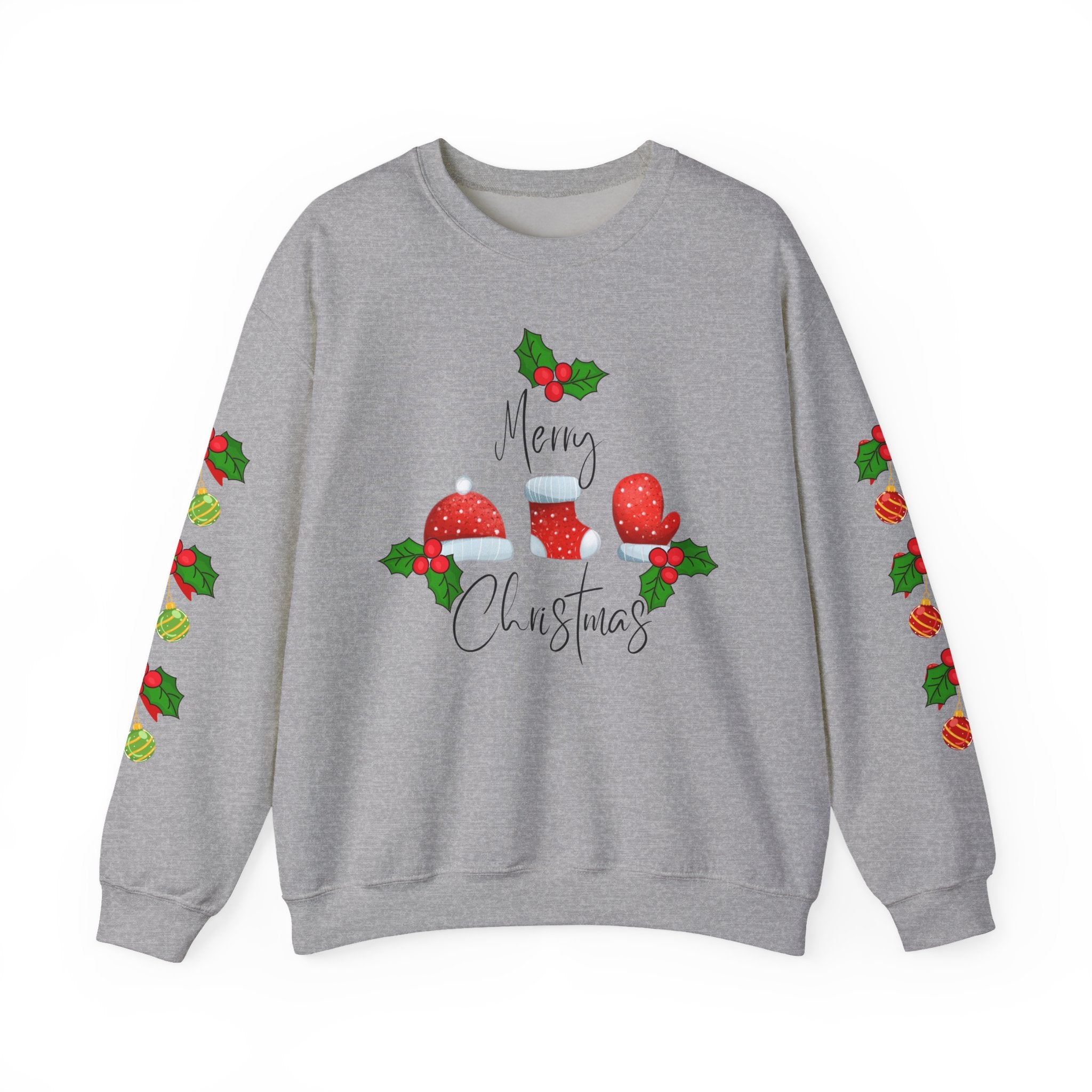 Festive Christmas Ornaments Unisex Sweatshirt Embellished with Side Arm Printing— 'Merry Christmas' Festive Holiday Crewneck