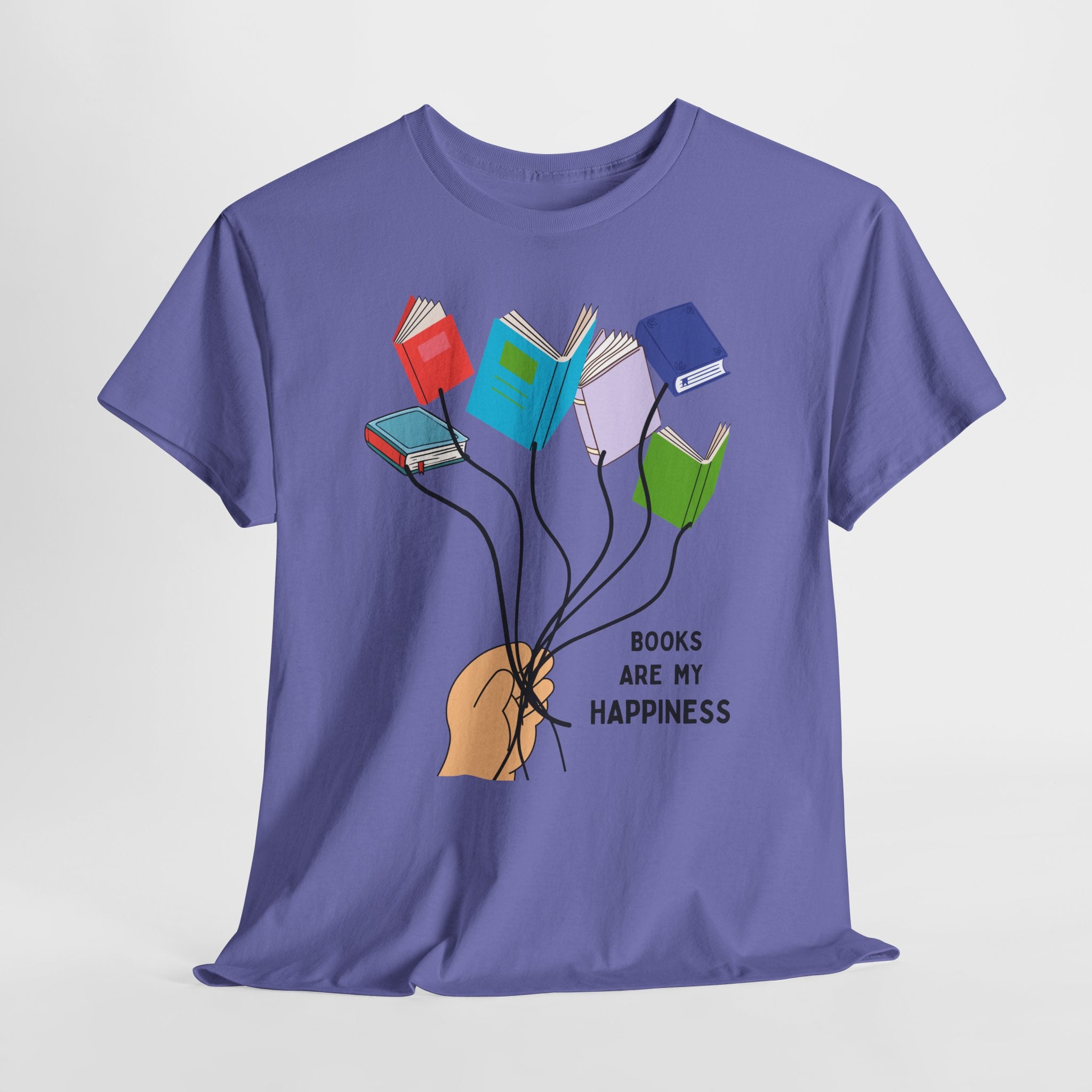 Fun Books Are My Happiness Unisex Heavy Cotton T-Shirt — Book Lover Tee with Colorful Book Balloon Bouquet