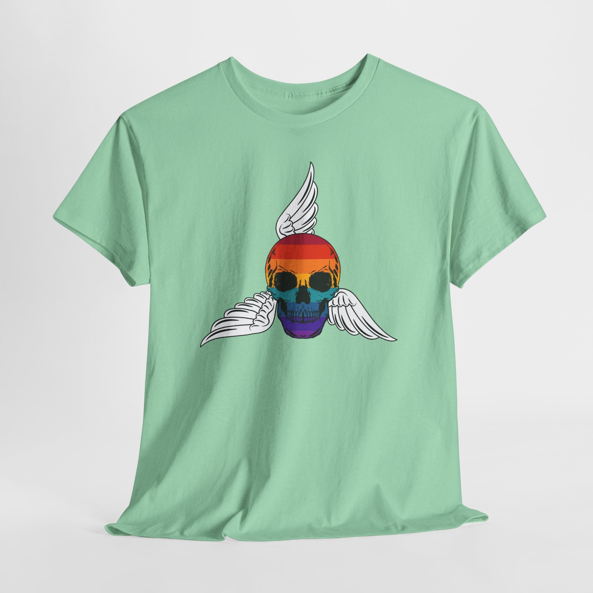 Graphic Rainbow Winged Skull Unisex Heavy Cotton T-Shirt — Edgy Pride Skull Tee for LGBTQIA+ Events & Festivals