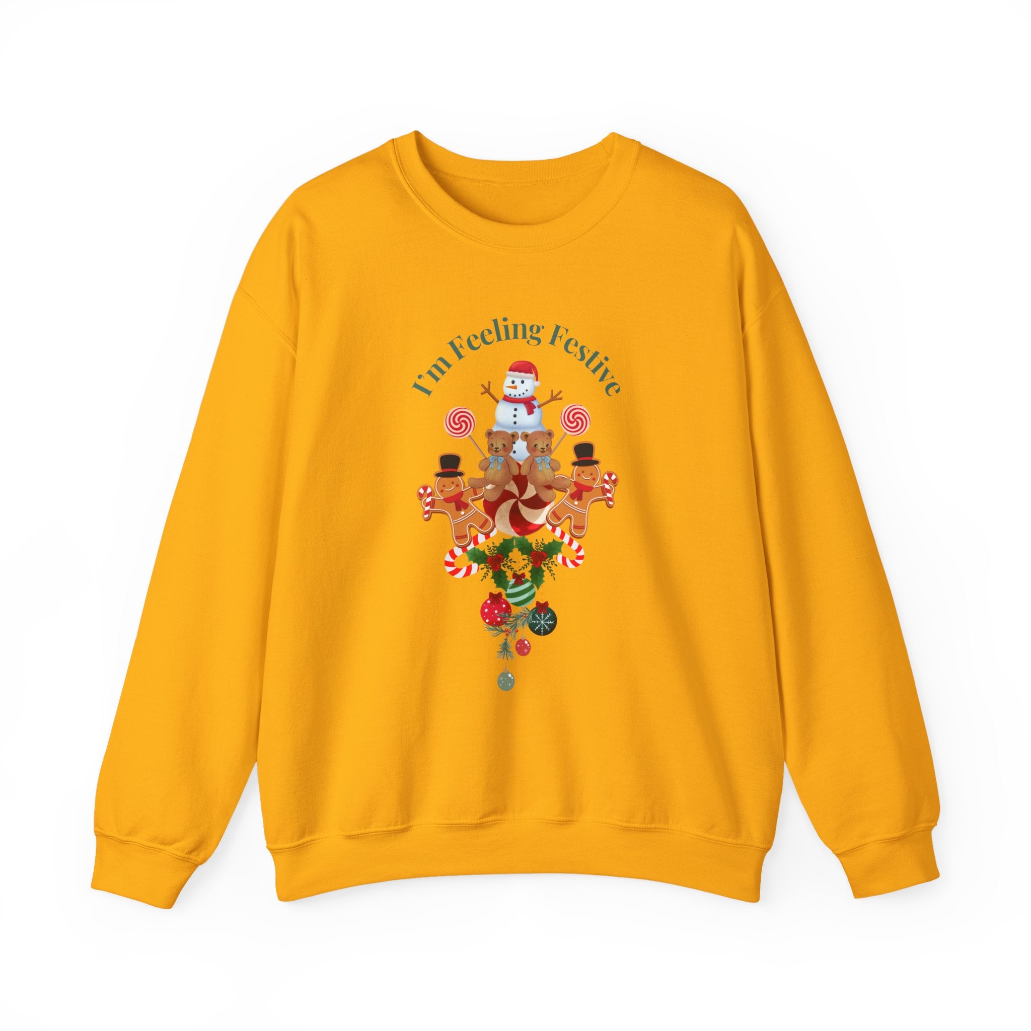 Colorful Fun "I'm Feeling Festive" Holiday Gingerbread & Snowman Graphic Design Crew Neck Unisex Sweatshirt