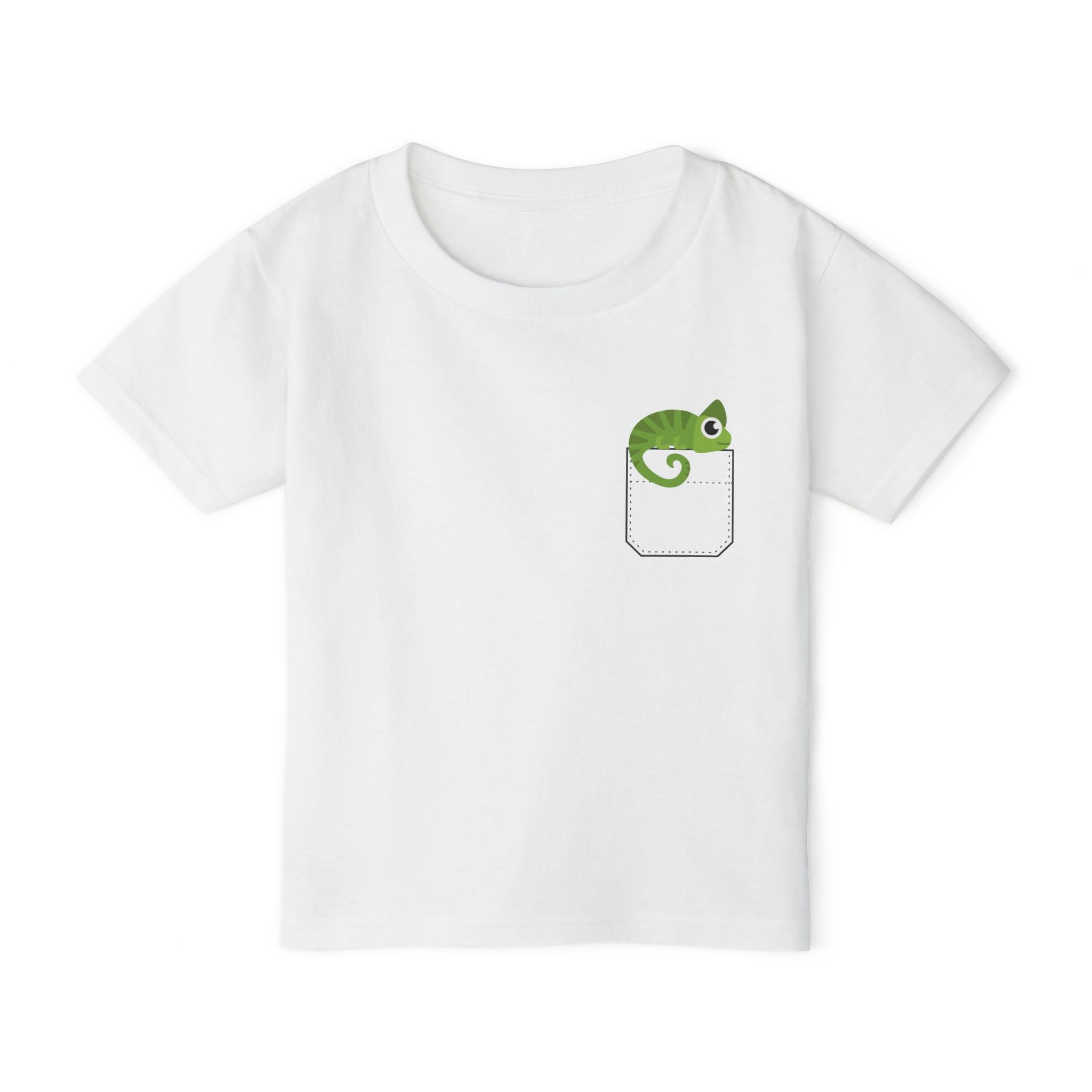 Cute and Fun Pocket Pet (Chameleon) Unisex Heavy Cotton  Toddler T-Shirt. There is NO Pocket in this Shirt.  The Pocket is part of the Artwork