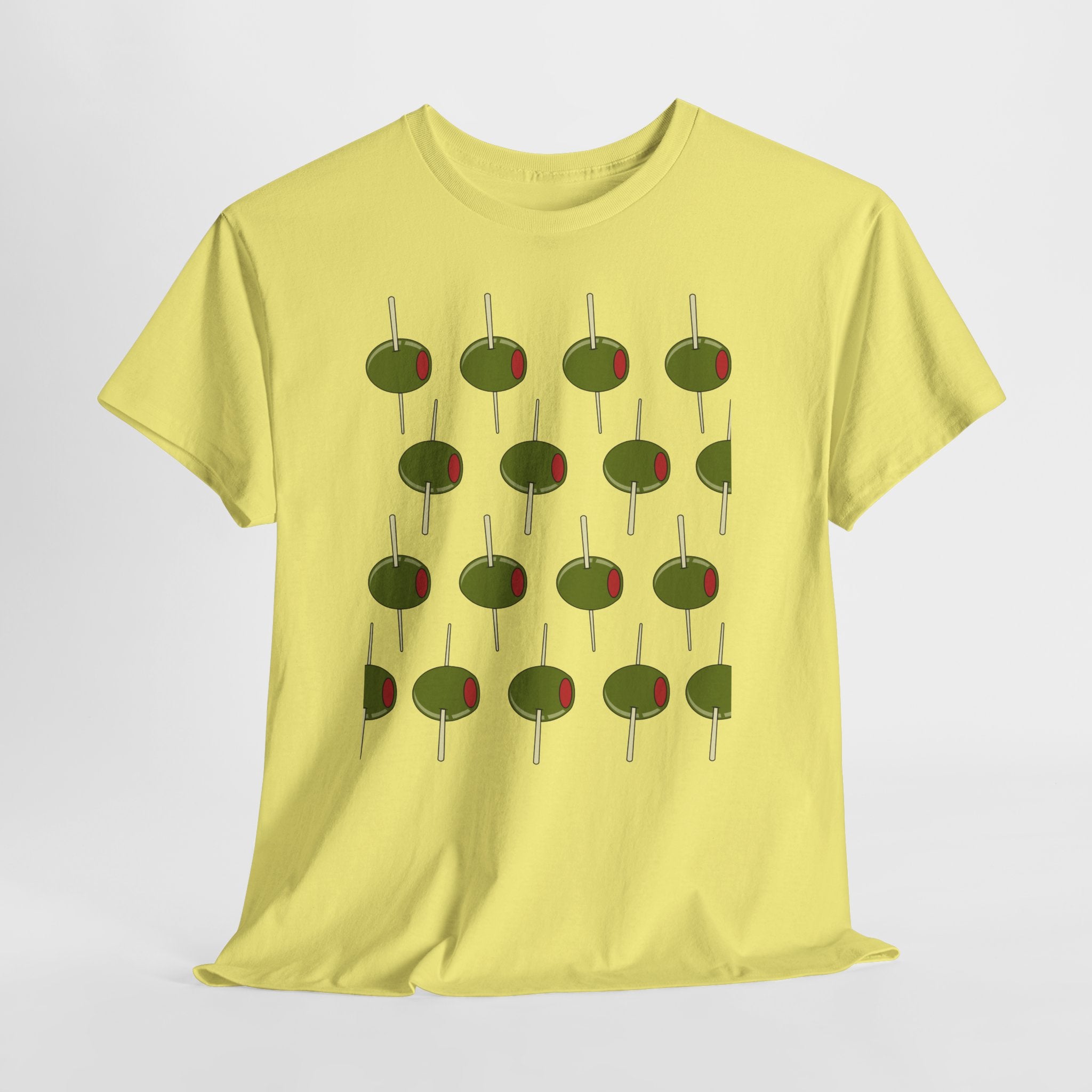 Graphic Contemporary Cocktail Olives on The March.  Unisex Heavy Cotton  Tee — Retro Martini Cocktail Graphic T-Shirt