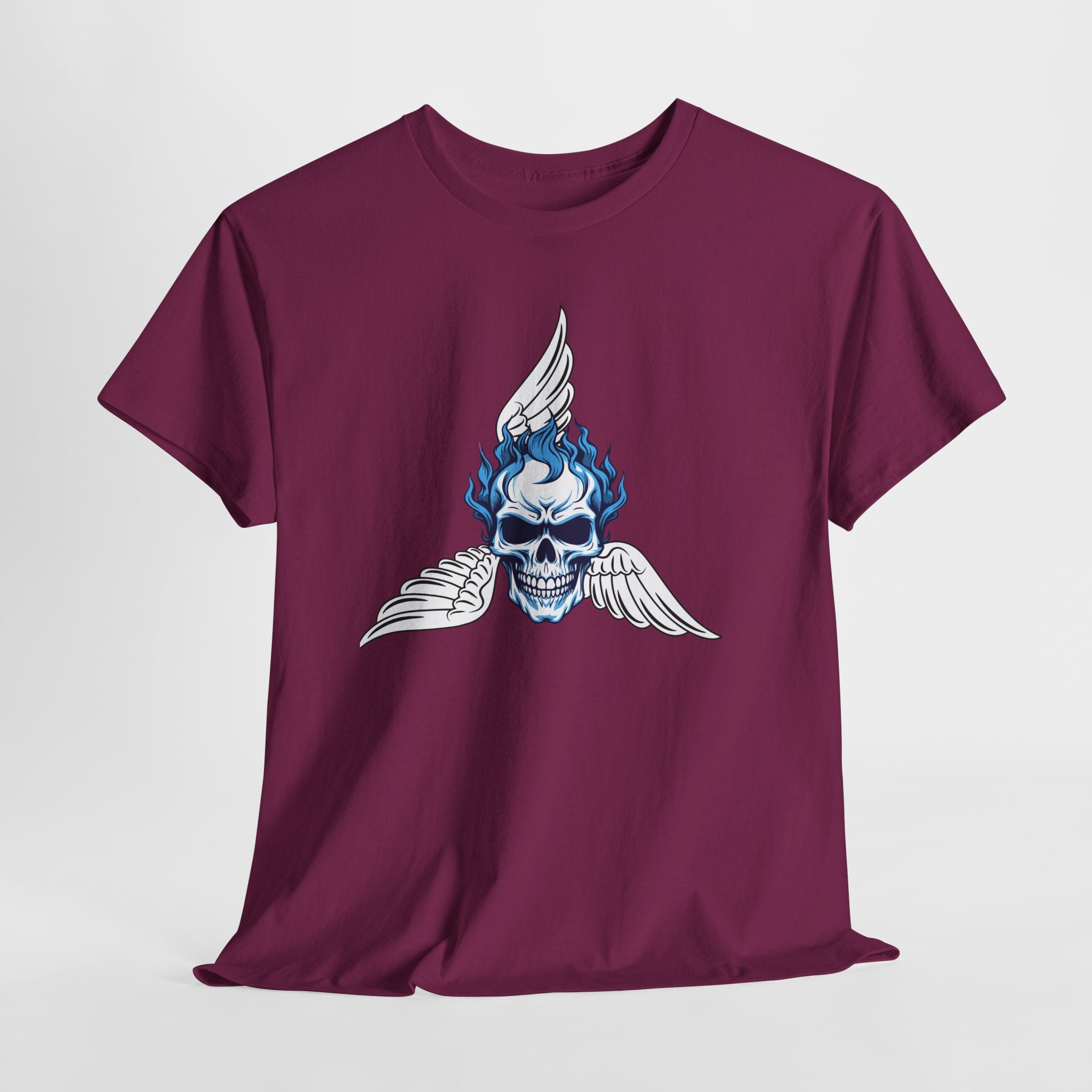 Fun Graphic Skull Flame Tee — Blue Flaming Skull with Wings Graphic  Unisex Heavy Cotton T-Shirt