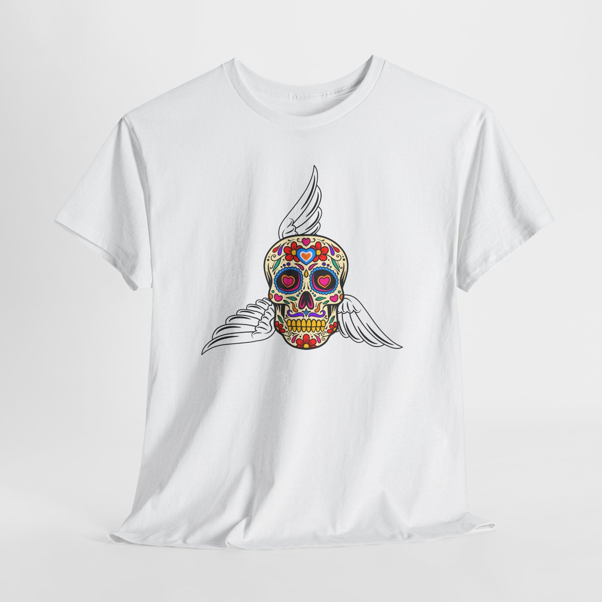 Fun Graphic Sugar Skull Tee with Angel Wings – Day of the Dead Graphic Heavy Cotton Unisex T-Shirt