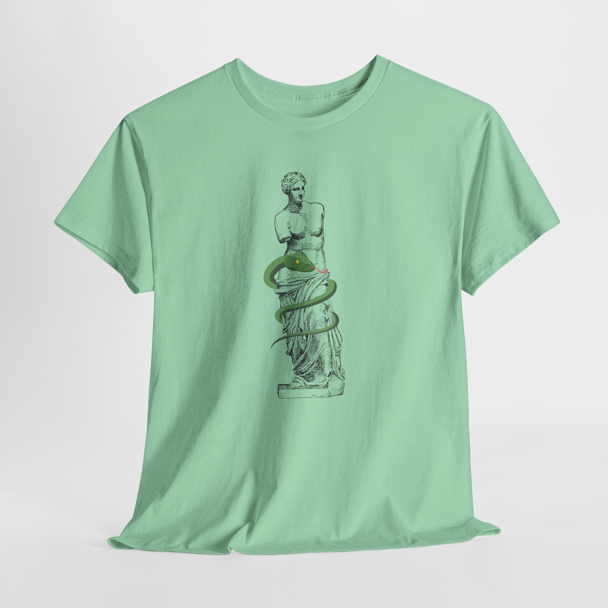 Stylish Venus Di Milo with Serpent Graphic Unisex Heavy Cotton Tee - Classic Greek Statue Design with a slithery twist