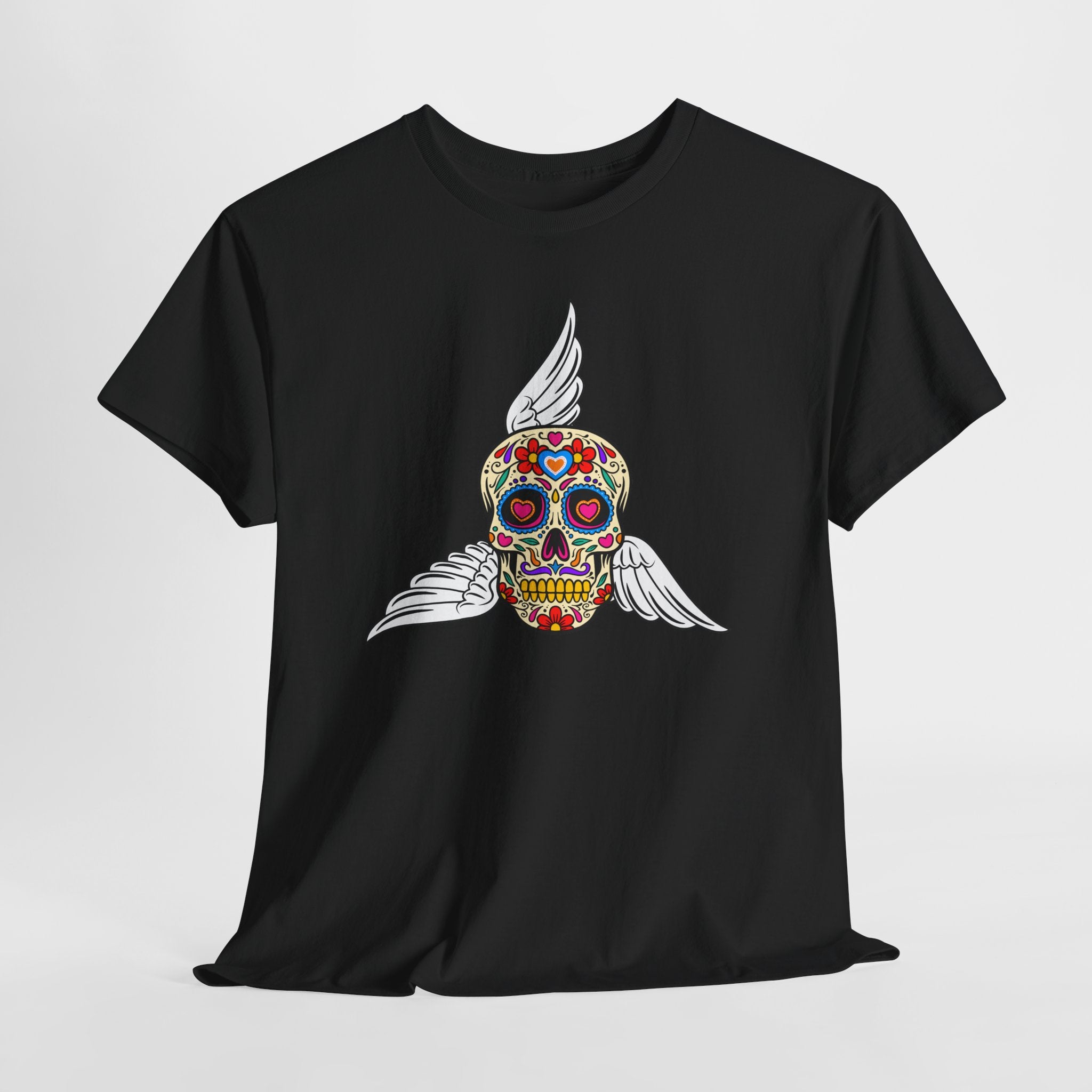 Fun Graphic Sugar Skull Tee with Angel Wings – Day of the Dead Graphic Heavy Cotton Unisex T-Shirt