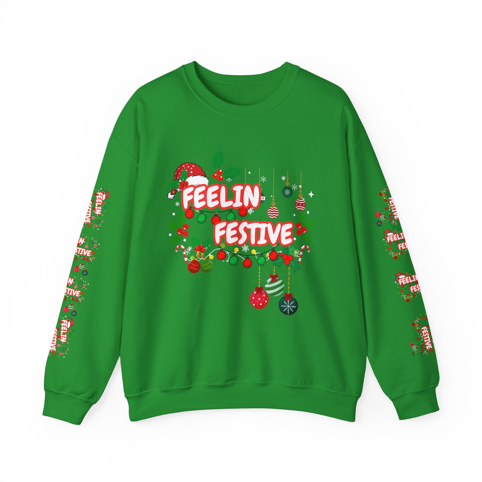 Fun and Traditional Colored Feelin' Festive Crewneck Unisex Sweatshirt with Sleeve Embelishments— Christmas Holiday Graphic On Front and Sleeves