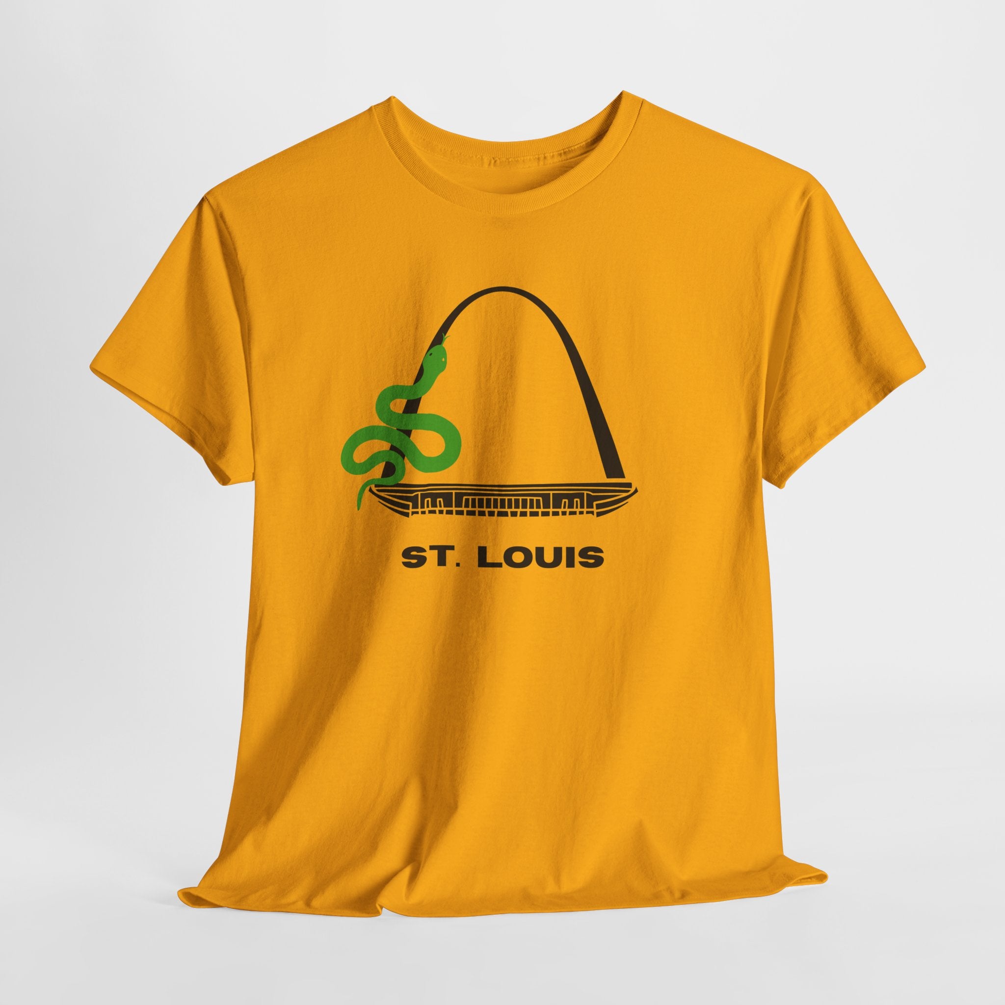 Fun and Quirky St. Louis Gateway Arch Graphic Unisex Heavy Cotton T‑Shirt — Green Snake Design
