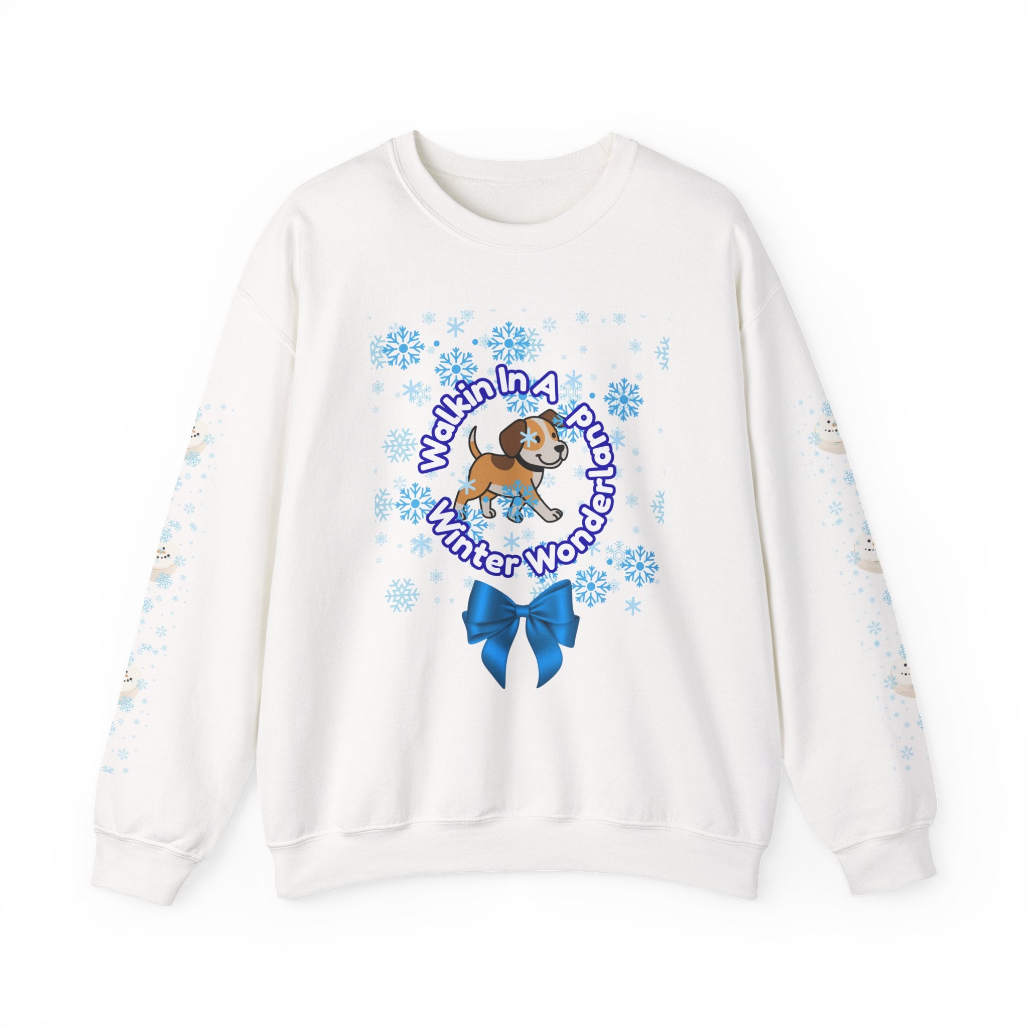 Happy Dog Lover Holiday "Walkin' In A Winter Wonderland" Unisex Crewneck Sweatshirt with Side Arm Embellishments