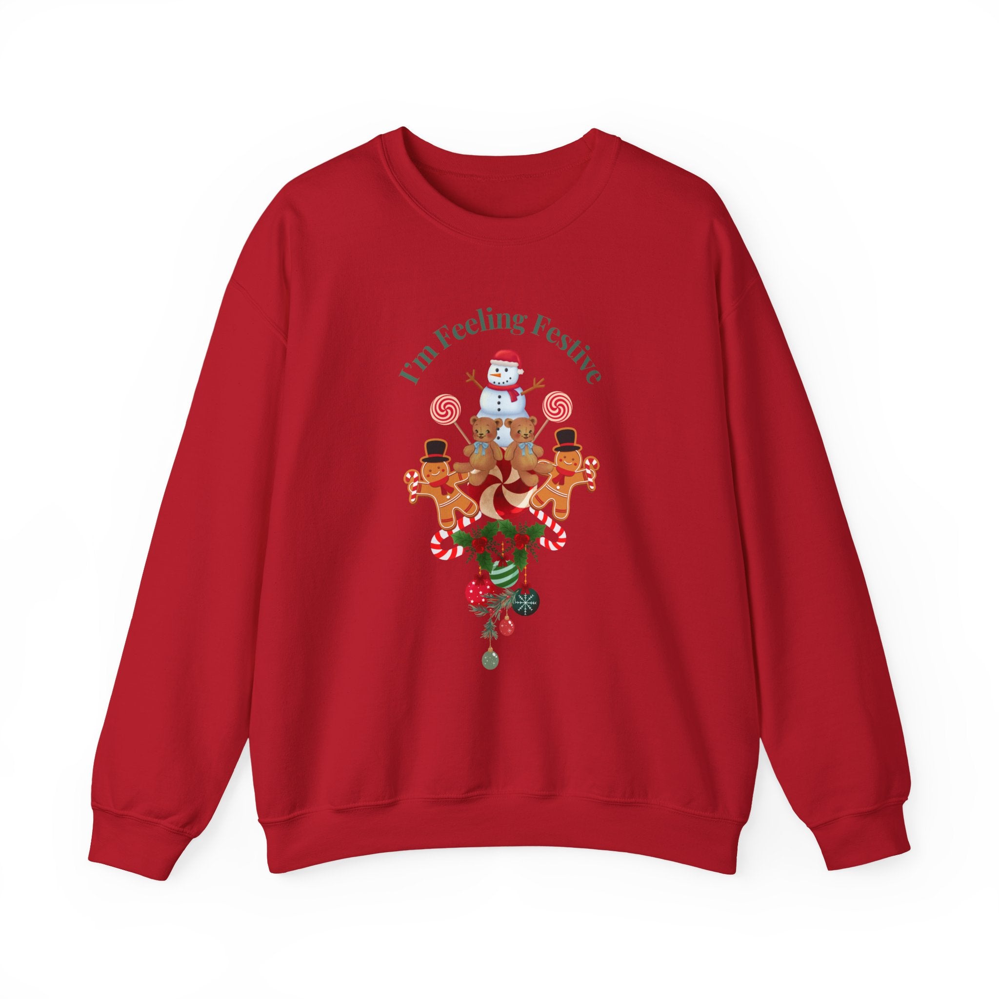 Colorful Fun "I'm Feeling Festive" Holiday Gingerbread & Snowman Graphic Design Crew Neck Unisex Sweatshirt