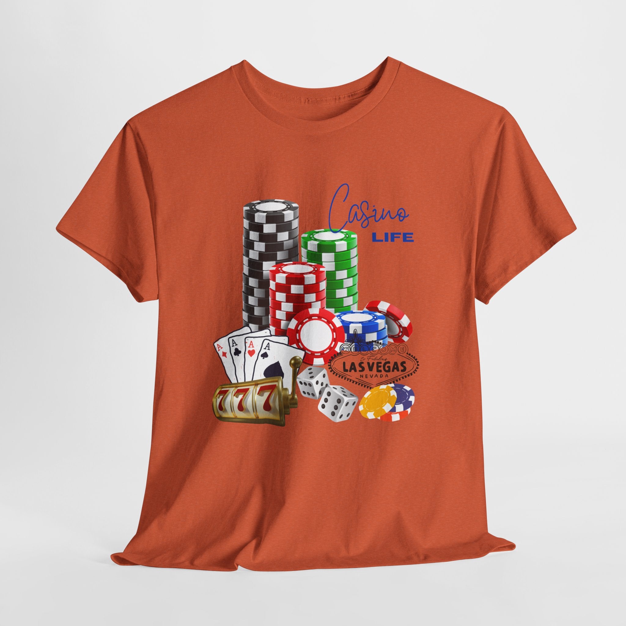 Bring on The Luck with this Casino Life Unisex Heavy Cotton T‑Shirt — Las Vegas Poker Chips & Cards Graphic Tee