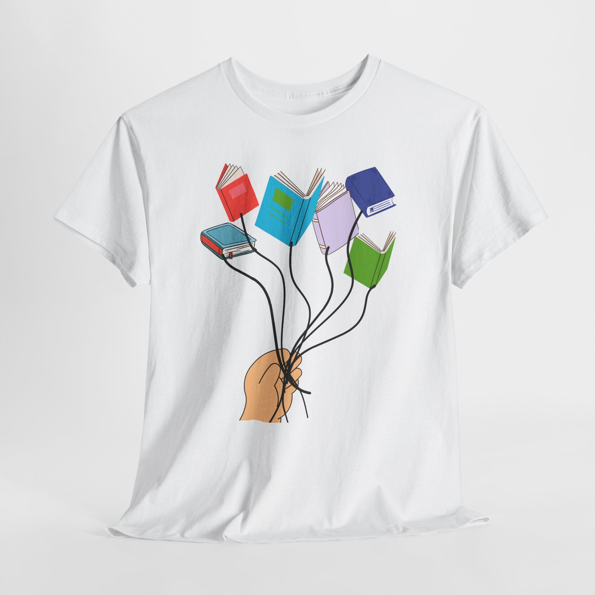 Graphic Book Lovers Balloon Book Bouquet Unisex Heavy Cotton T-Shirt — Colorful Floating Books Graphic Tee for Readers & Teachers