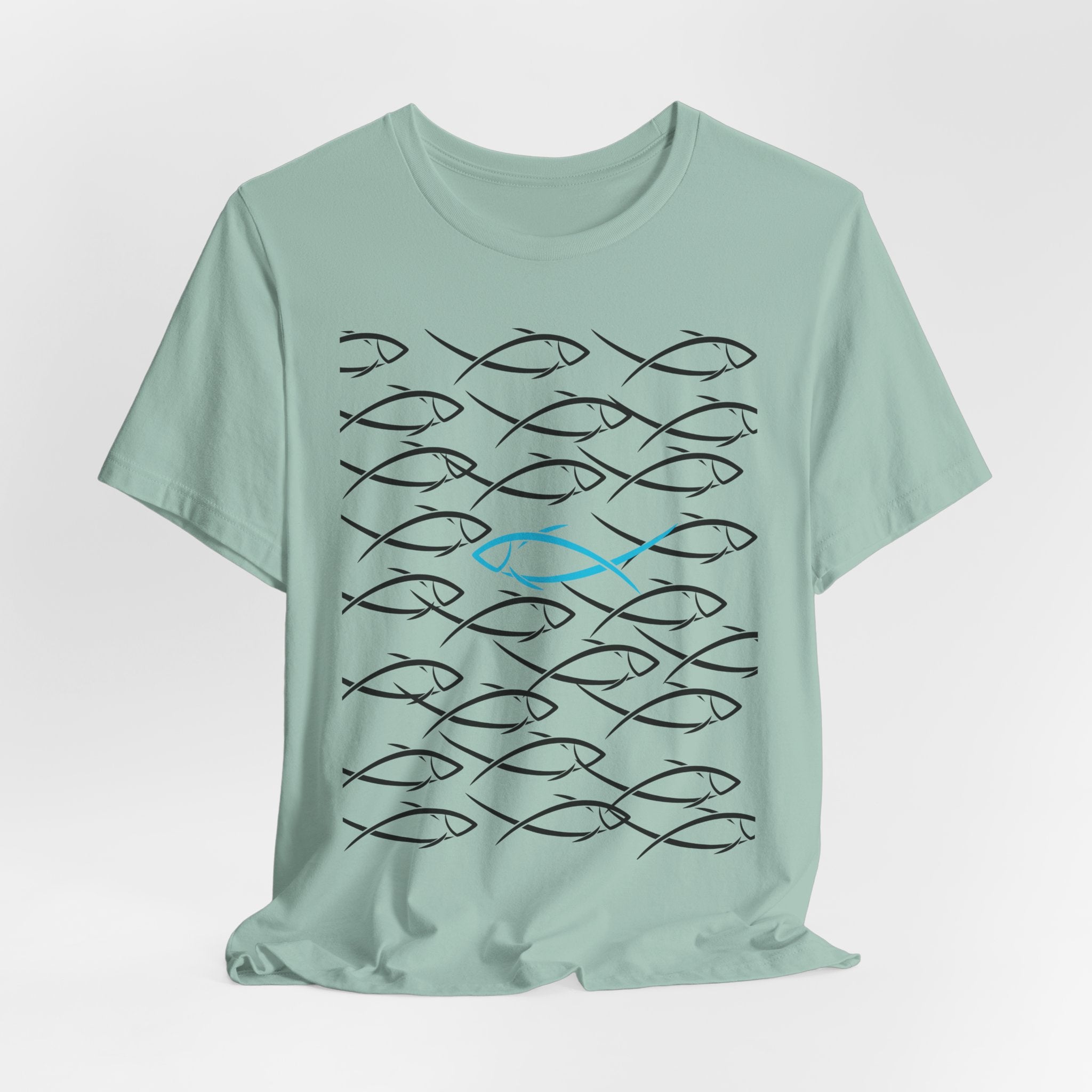 Graphic School of Fish Unisex Heavy Cotton Tee — "Go In Your Own Direction" Blue Highlighted Fish Graphic T-Shirt