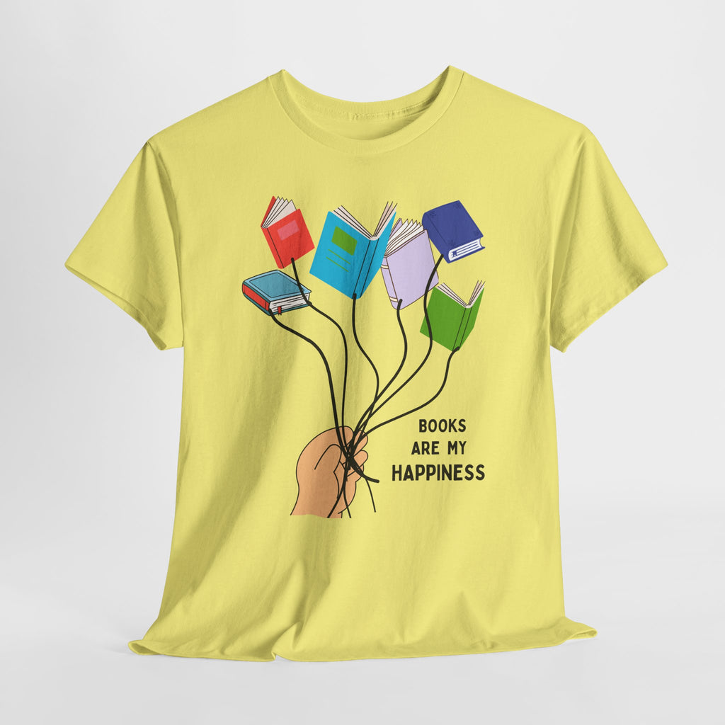 Fun Books Are My Happiness Unisex Heavy Cotton T-Shirt — Book Lover Tee with Colorful Book Balloon Bouquet