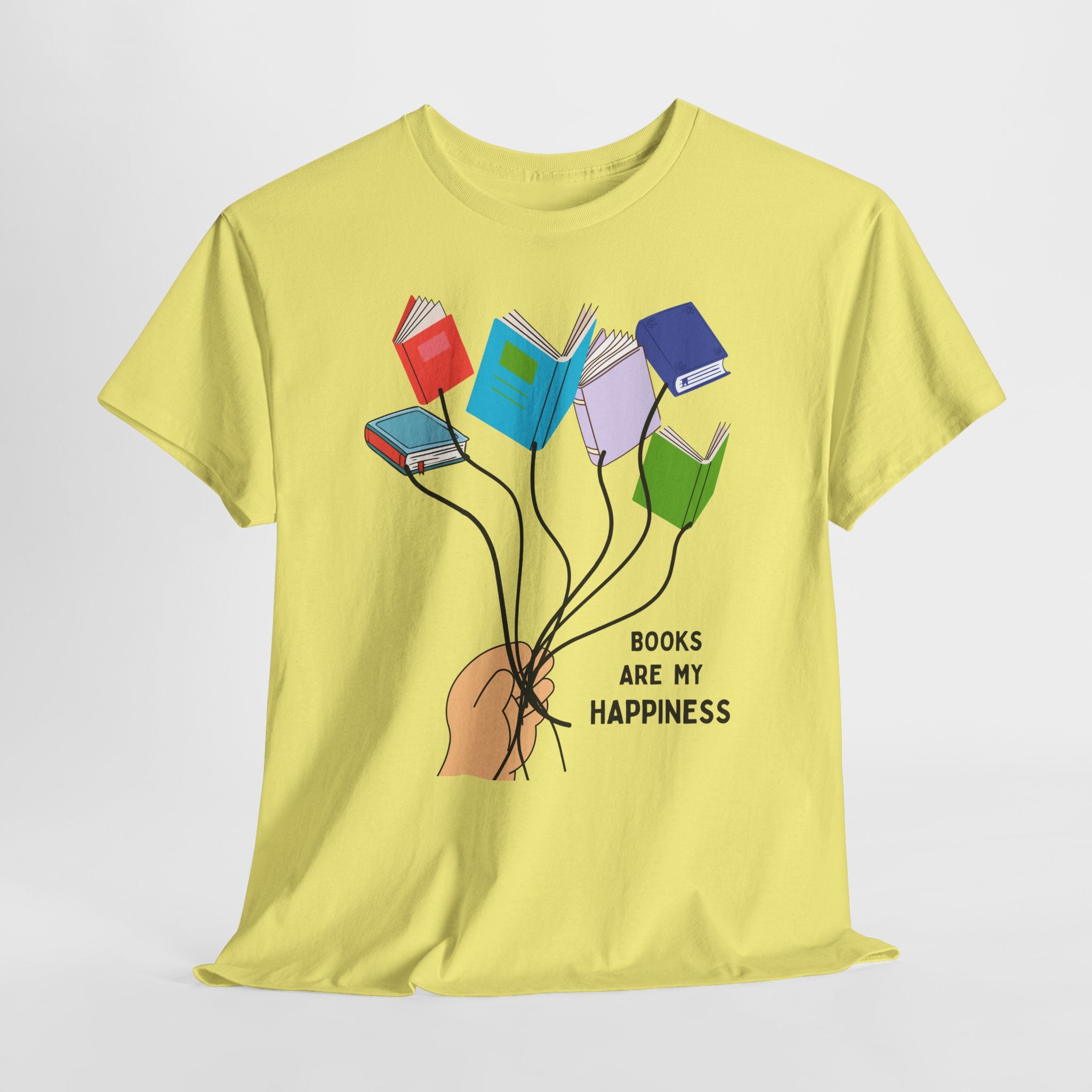 Fun Books Are My Happiness Unisex Heavy Cotton T-Shirt — Book Lover Tee with Colorful Book Balloon Bouquet