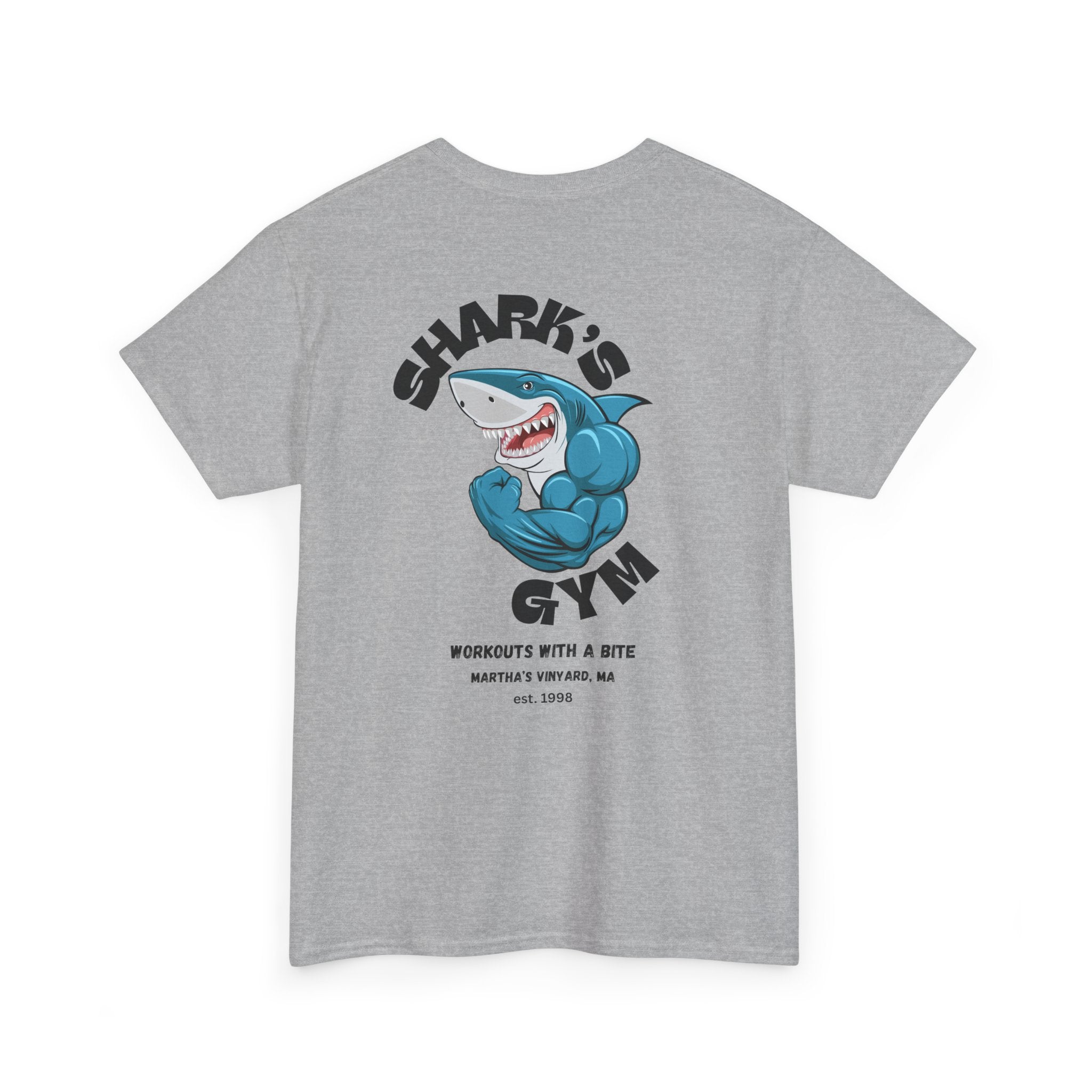 World Famous Shark's Gym  Martha's Vinyard, MA  (Back Design) Unisex Workout Tee Shirt