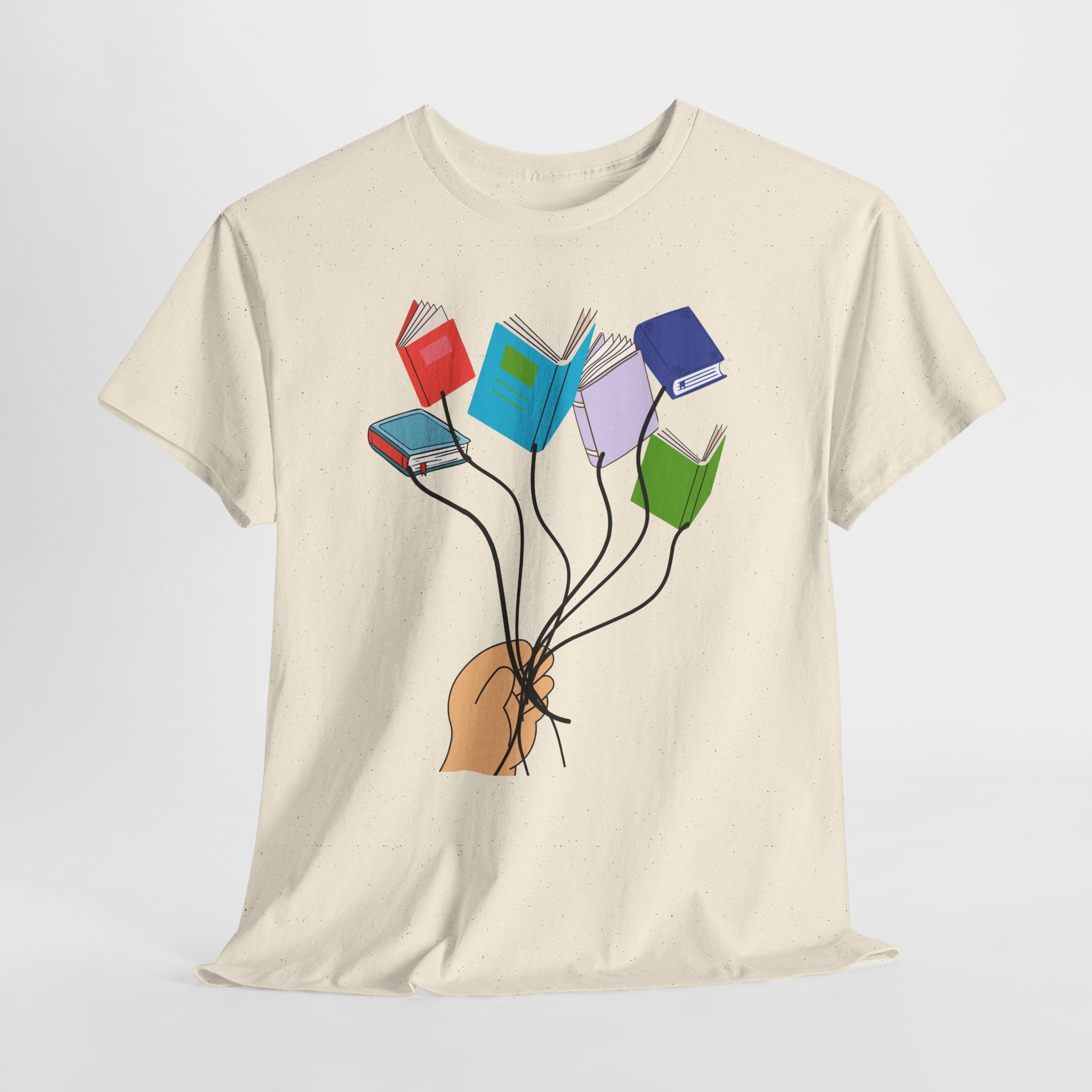 Graphic Book Lovers Balloon Book Bouquet Unisex Heavy Cotton T-Shirt — Colorful Floating Books Graphic Tee for Readers & Teachers