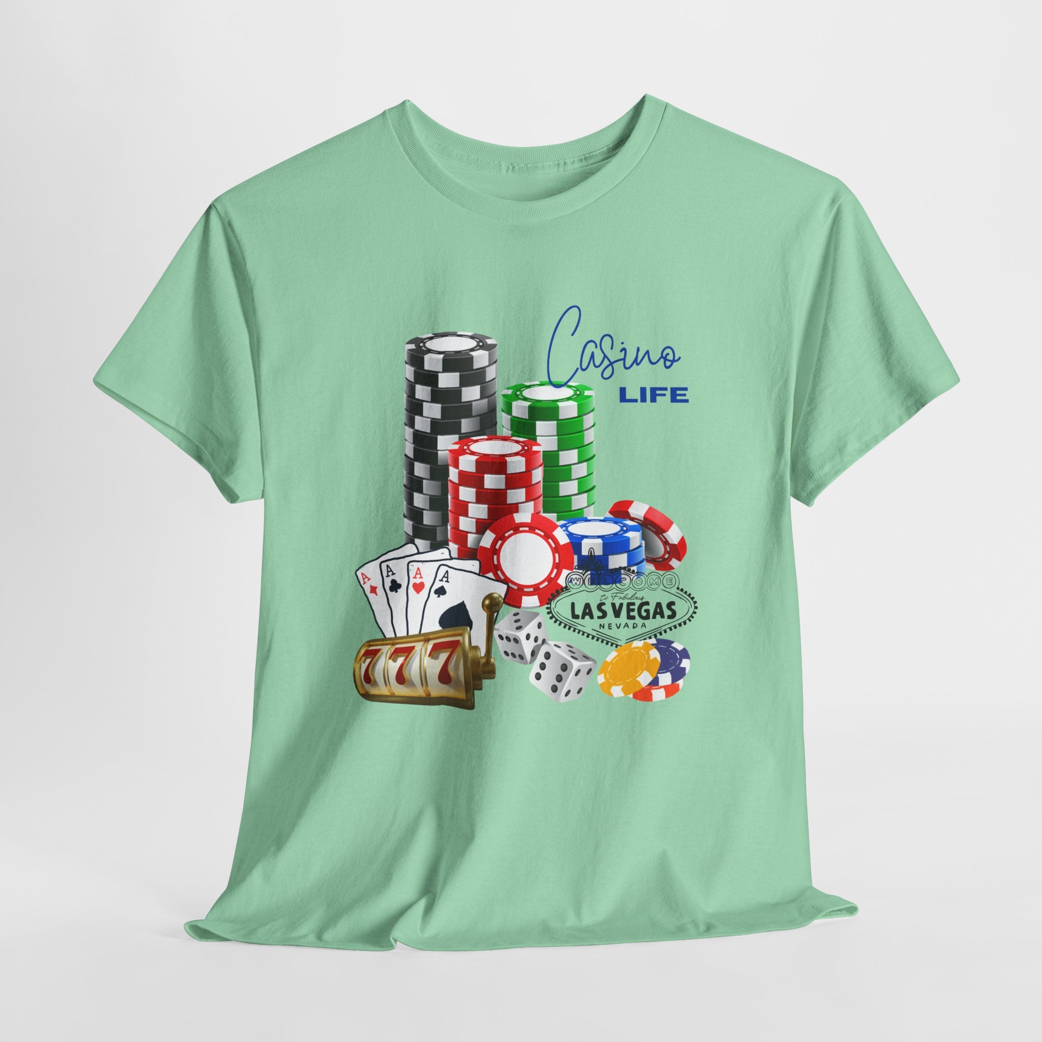 Bring on The Luck with this Casino Life Unisex Heavy Cotton T‑Shirt — Las Vegas Poker Chips & Cards Graphic Tee