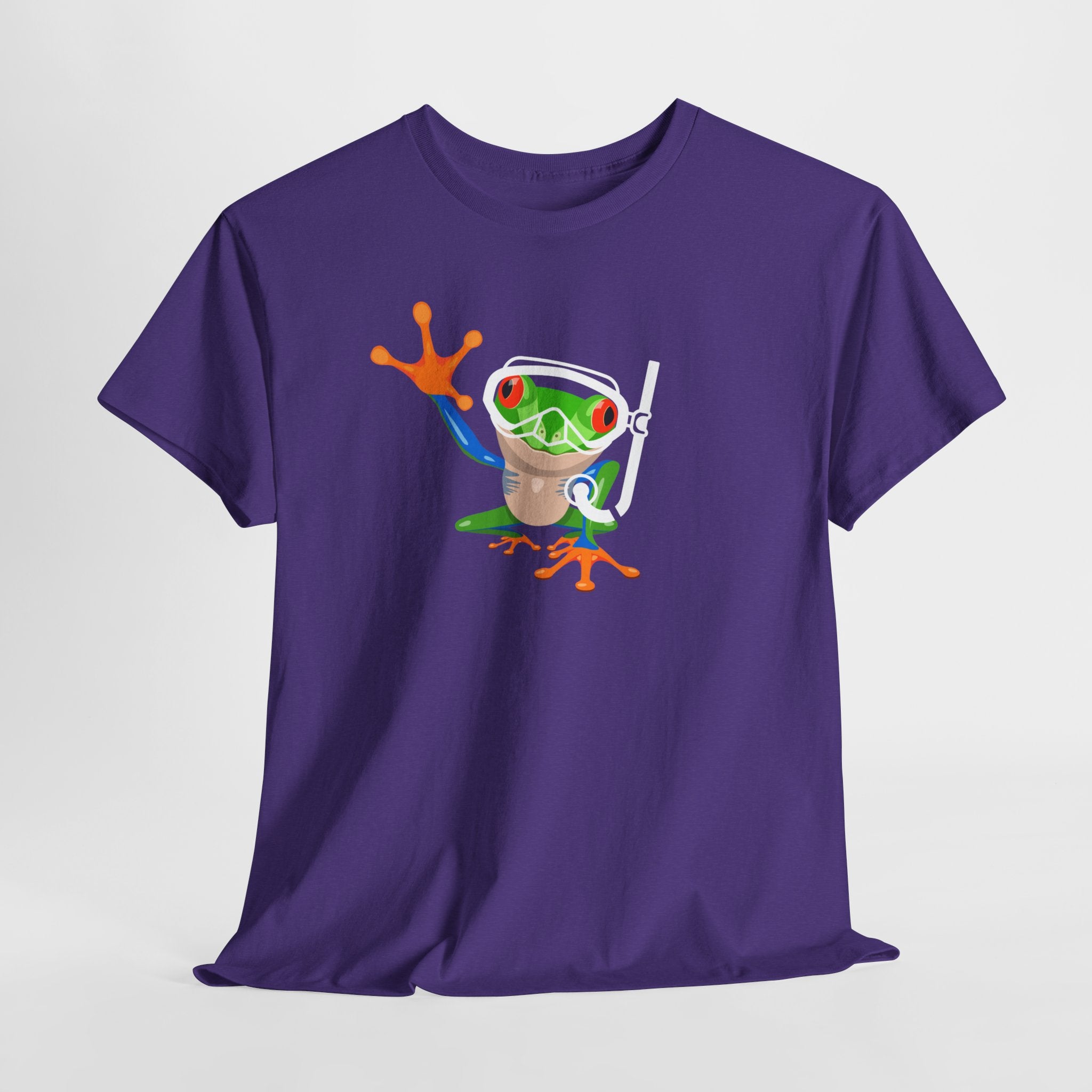 Fun Quirky Snorkel Tree Frog  (Dark Colors) Unisex Heavy Cotton Tee, Funny Frog Shirt, Cute Graphic Tee, Perfect Gift for Nature Lovers, Summer Fun Fashion