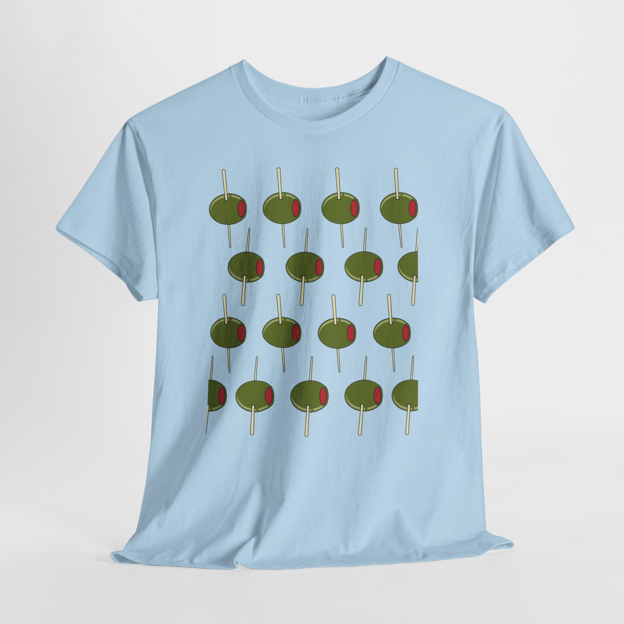 Graphic Contemporary Cocktail Olives on The March.  Unisex Heavy Cotton  Tee — Retro Martini Cocktail Graphic T-Shirt