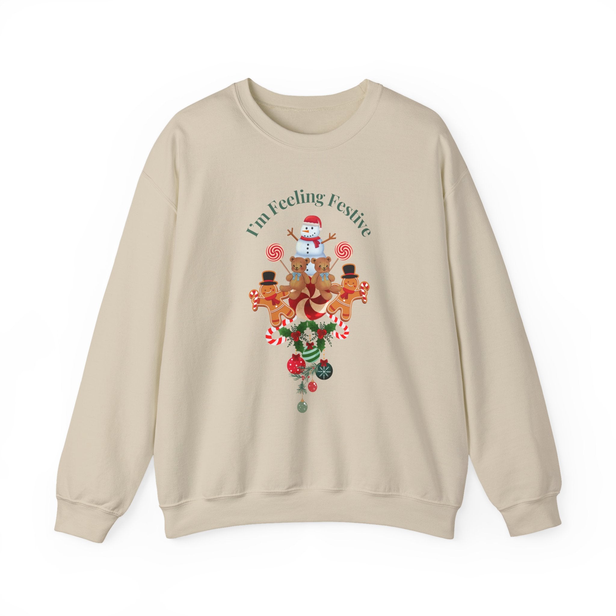 Colorful Fun "I'm Feeling Festive" Holiday Gingerbread & Snowman Graphic Design Crew Neck Unisex Sweatshirt